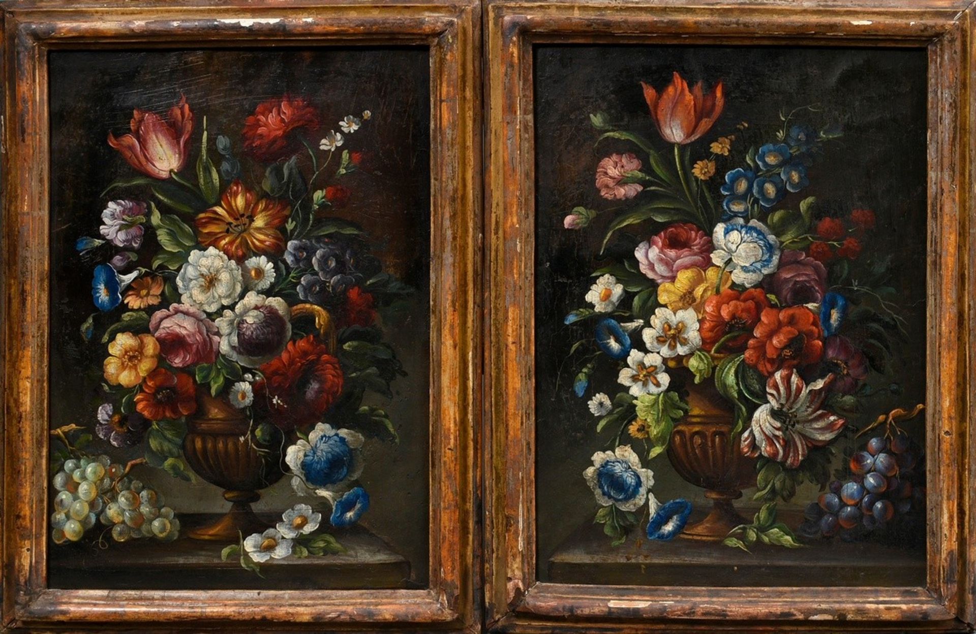 Pair of naive "flower still lifes", oil/canvas, each ca. 51x36cm (w.f. each ca. 58x43cm), small def