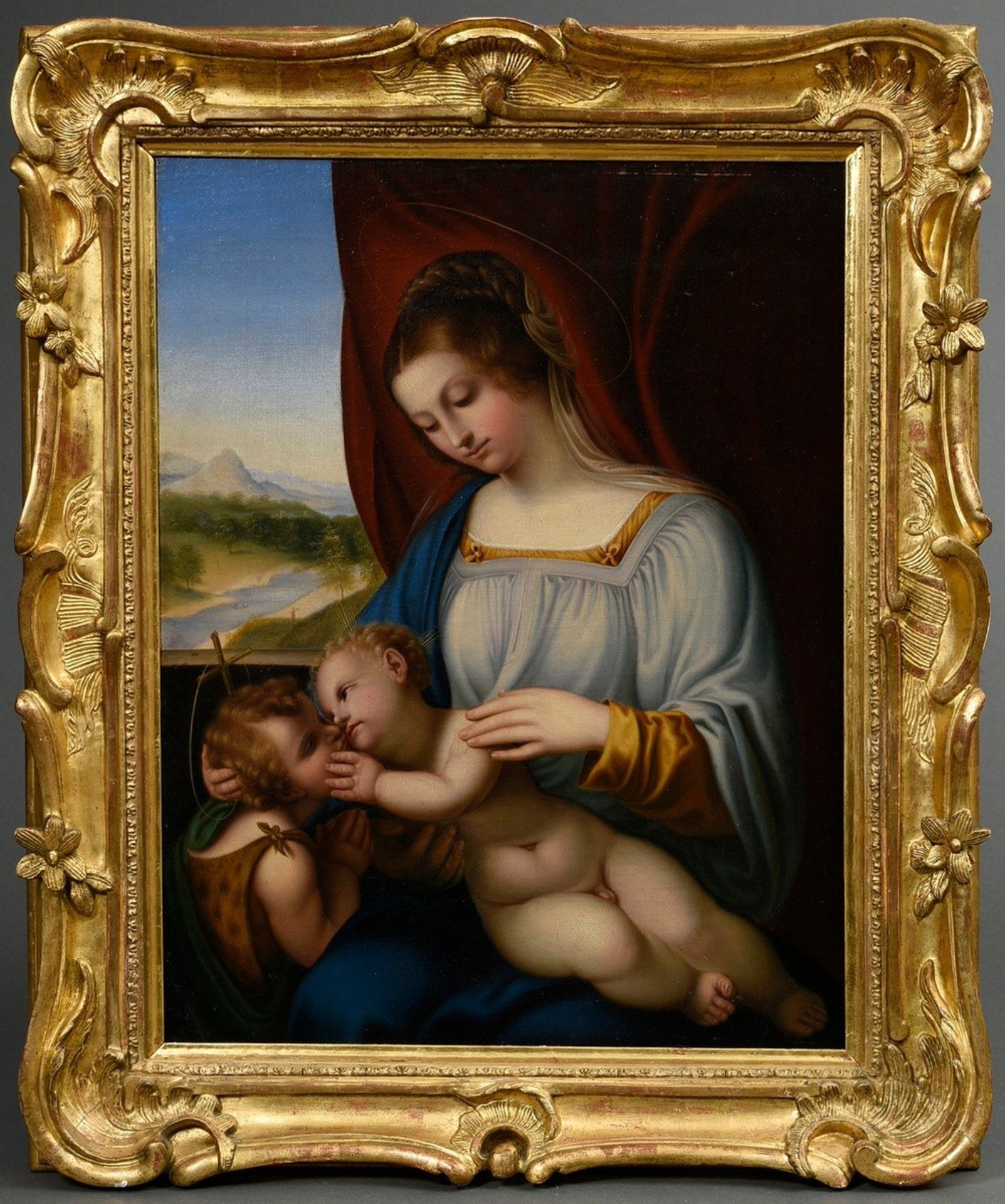 Unknown copyist after Lorenzo Lotto (1480-1557) "Mary with Jesus and John Boy", oil/canvas mounted  - Image 2 of 6