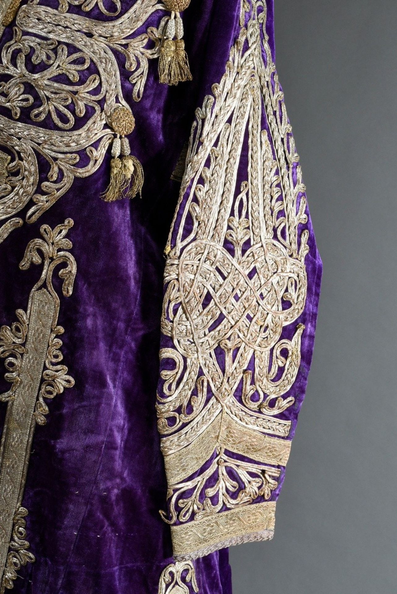 An Afghan wedding garment, purple silk velvet with rich silver thread and trimmings embroidery and  - Image 4 of 8