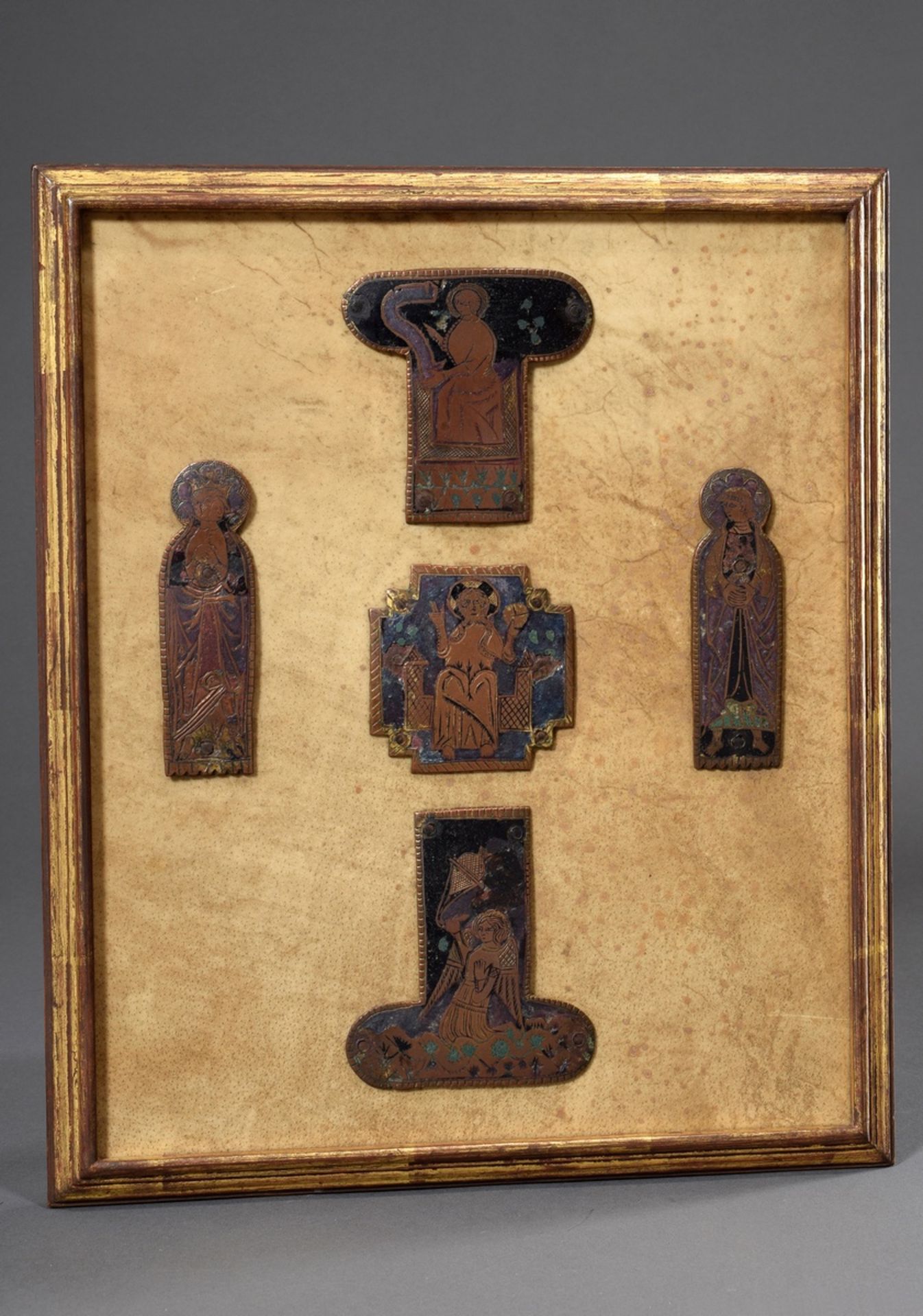 5 Teile Limoges Kruzifix Beschläge mit Champlevé Emaille und Resten von Vergoldung "Christus als We