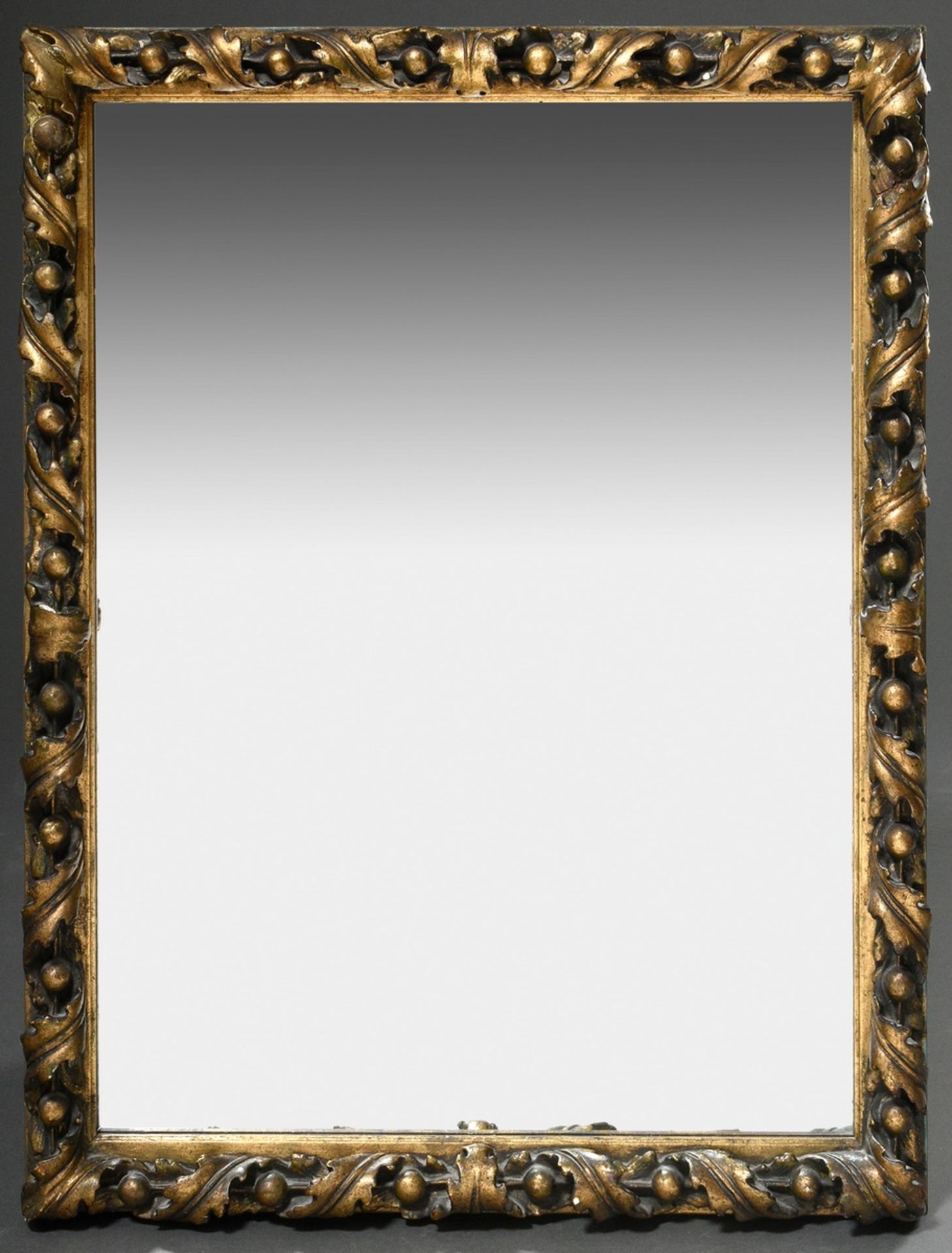 Mirror with surrounding oak leaf and fruit frieze, stucco gilded, 63x50cm, small defects