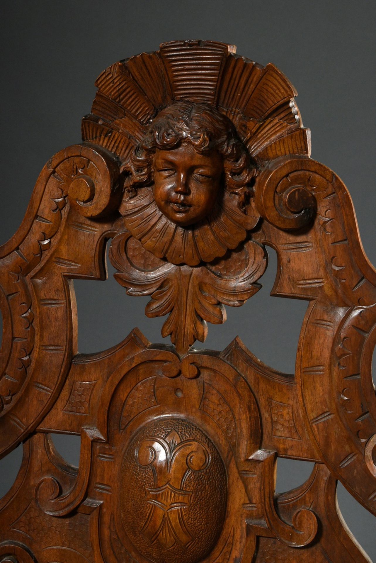 2 pieces Wilhelminian board chair and armchair with opulent carvings "grotesques and masks", h. 46/ - Image 8 of 12