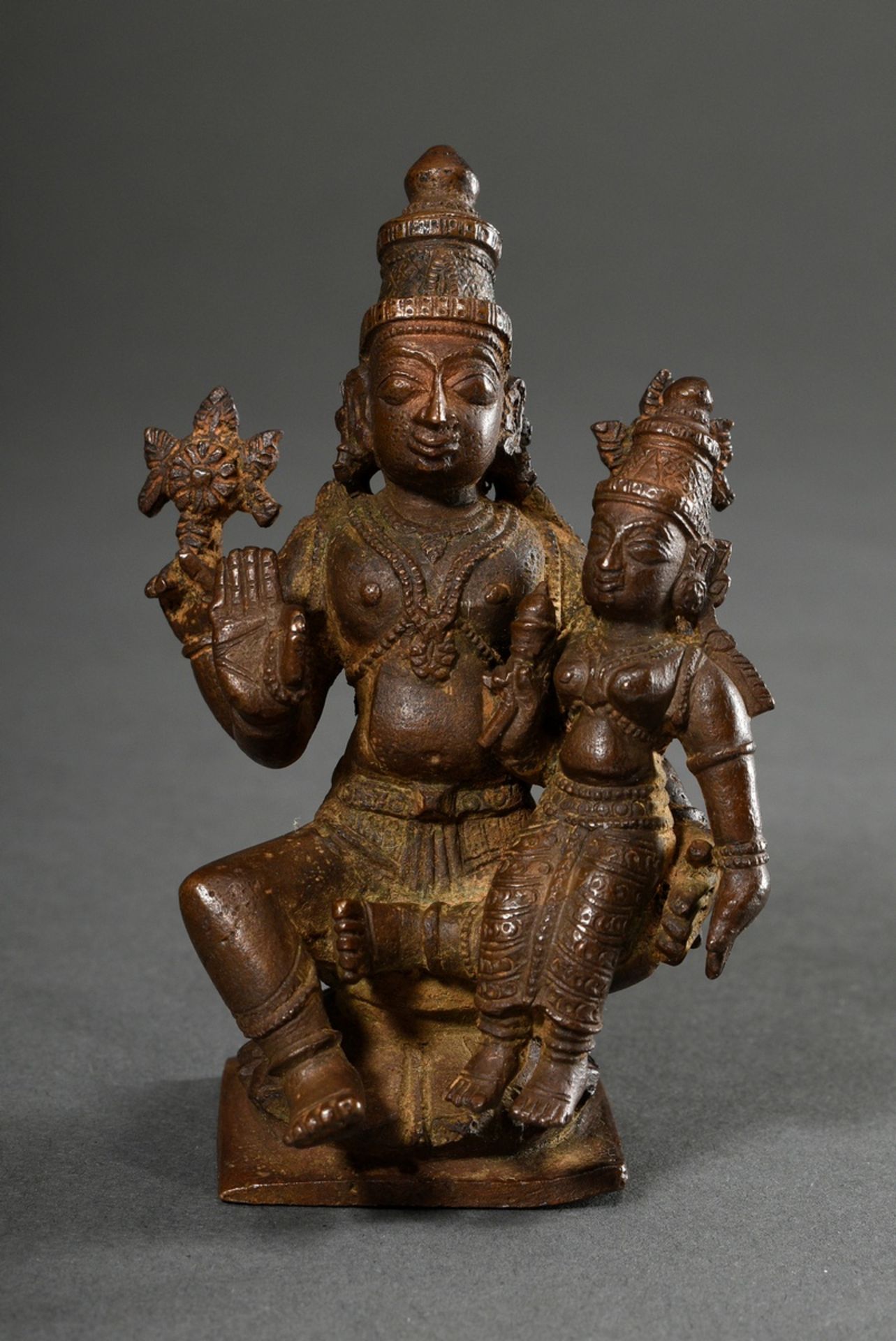 Bronze figure "Narayana and Sri Devi/Lakshmi" on a lotus blossom seat, Vishnu as Narayana with chak