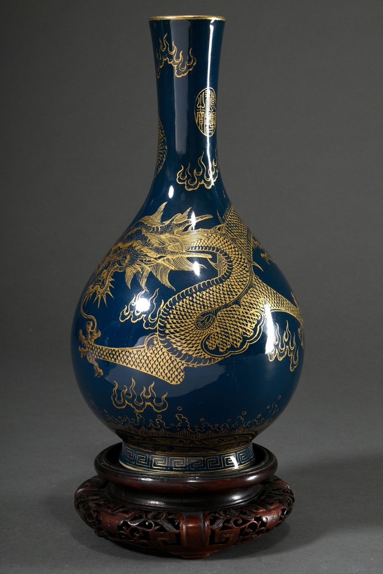 Chinese baluster vase with fine gold painting "5-clawed dragon and tama pearl over the sea" on powd