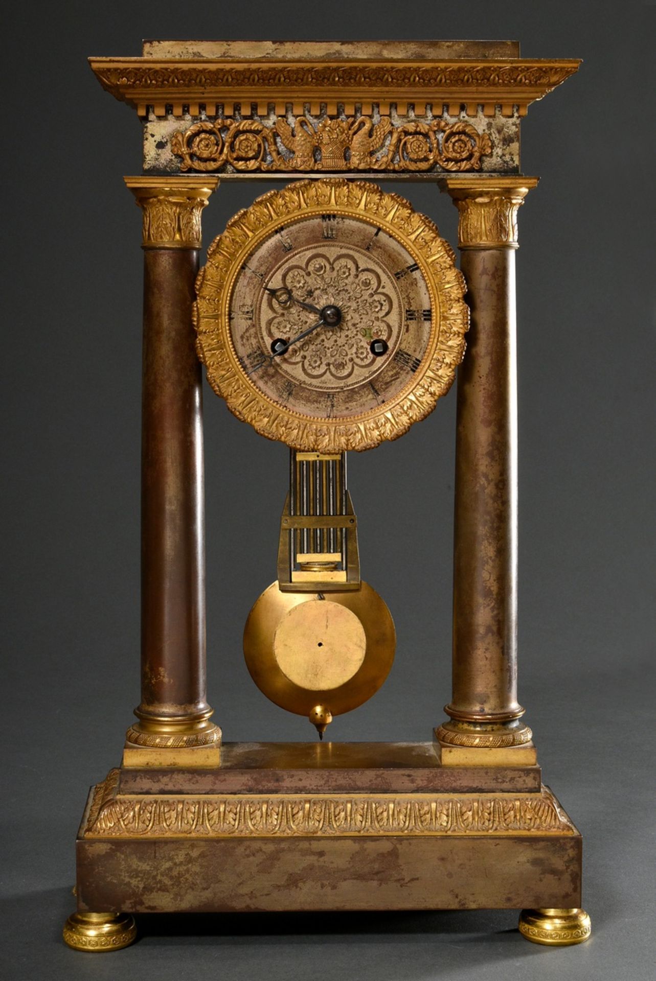 Biedermeier portal clock with patinated and fire-gilt case, floral relief dial with Roman numerals, - Image 2 of 9