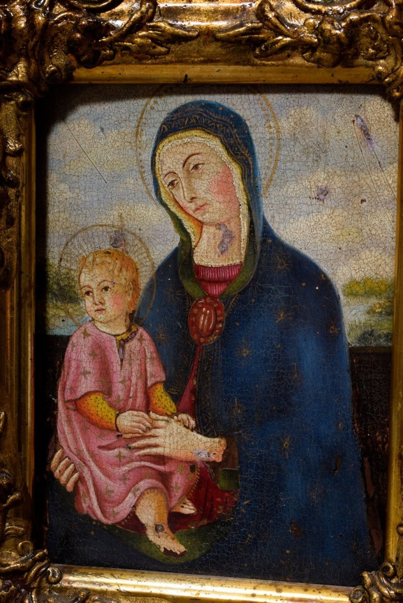 Sakrales Tafelbild "Muttergottes" in figürlichem Präsentoir mit zwei Engeln, Holz vergoldet, 18./19 - Bild 5 aus 5