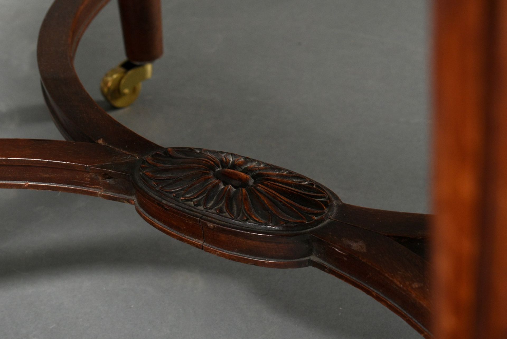 Low oval mahogany display table with glass top and side roll closure, underside signed. "Paul Tibur - Image 4 of 6