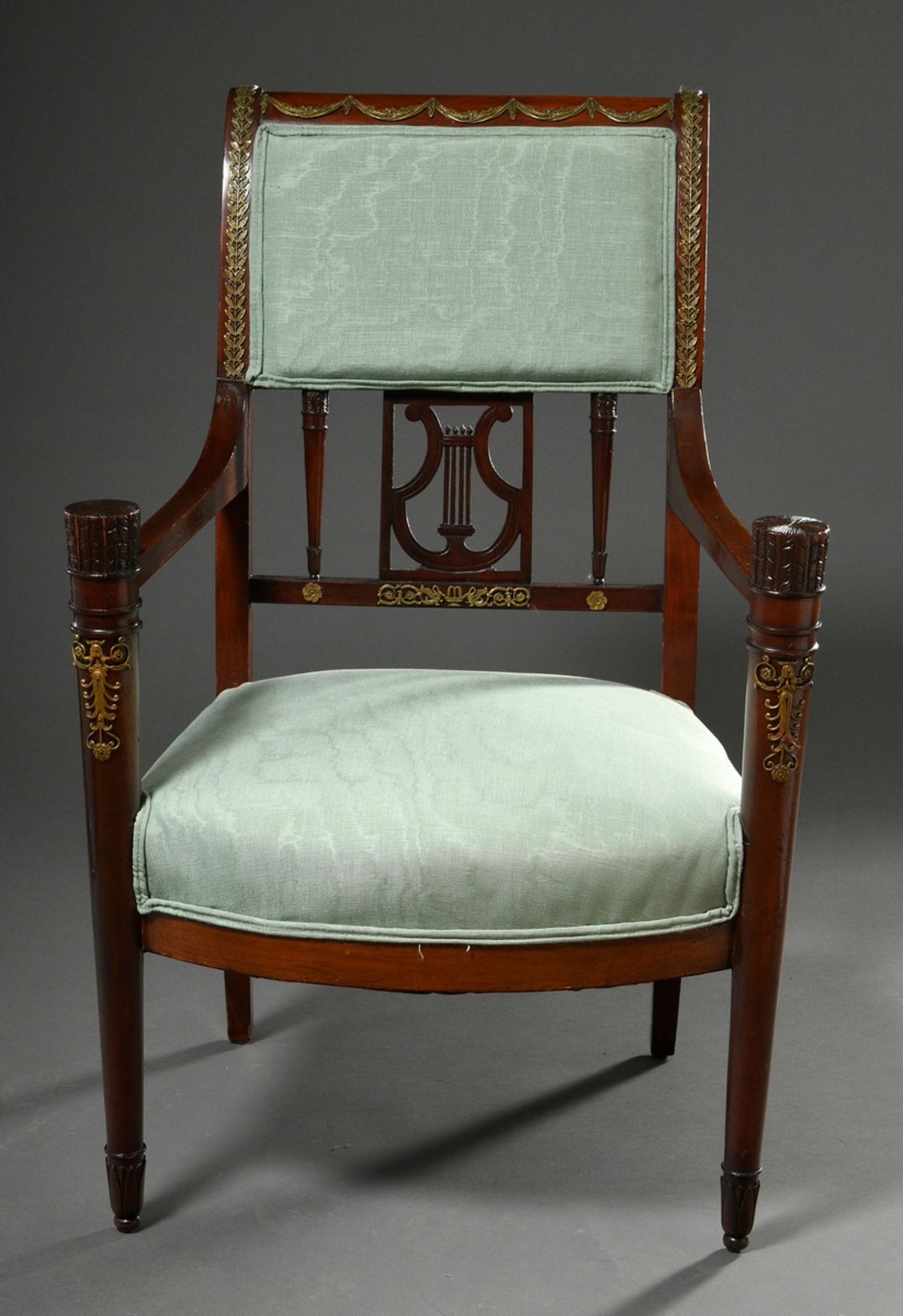 Elegant mahogany armchair in Empire style with fire-gilt fittings and carved lyre in the backrest a - Image 2 of 9