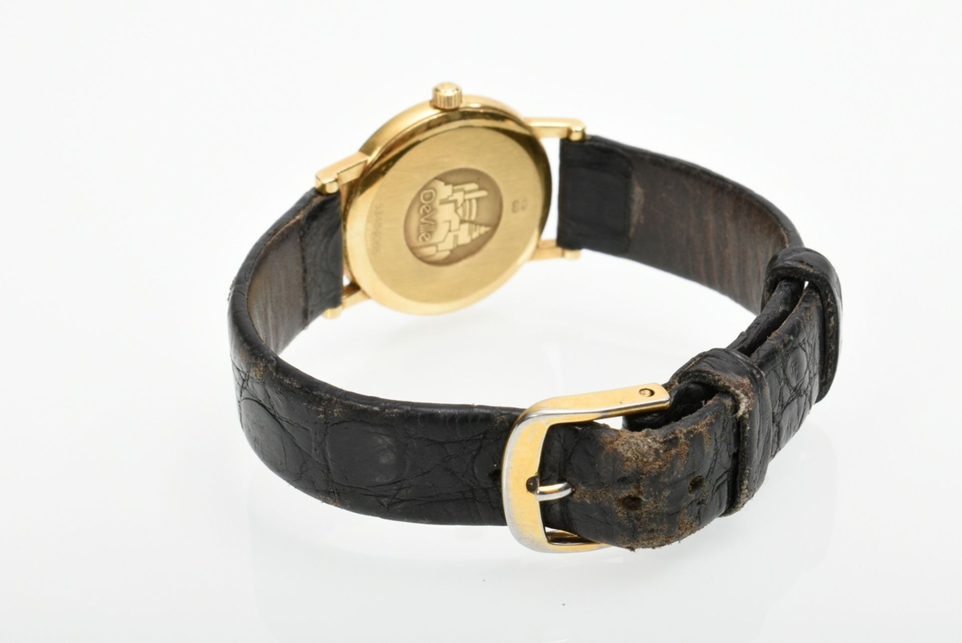 Omega "De Ville" Gelbgold 750 Armbanduhr, Quarzwerk, Stundenindizes, Datum, Lederarmband mit vergol - Bild 3 aus 4