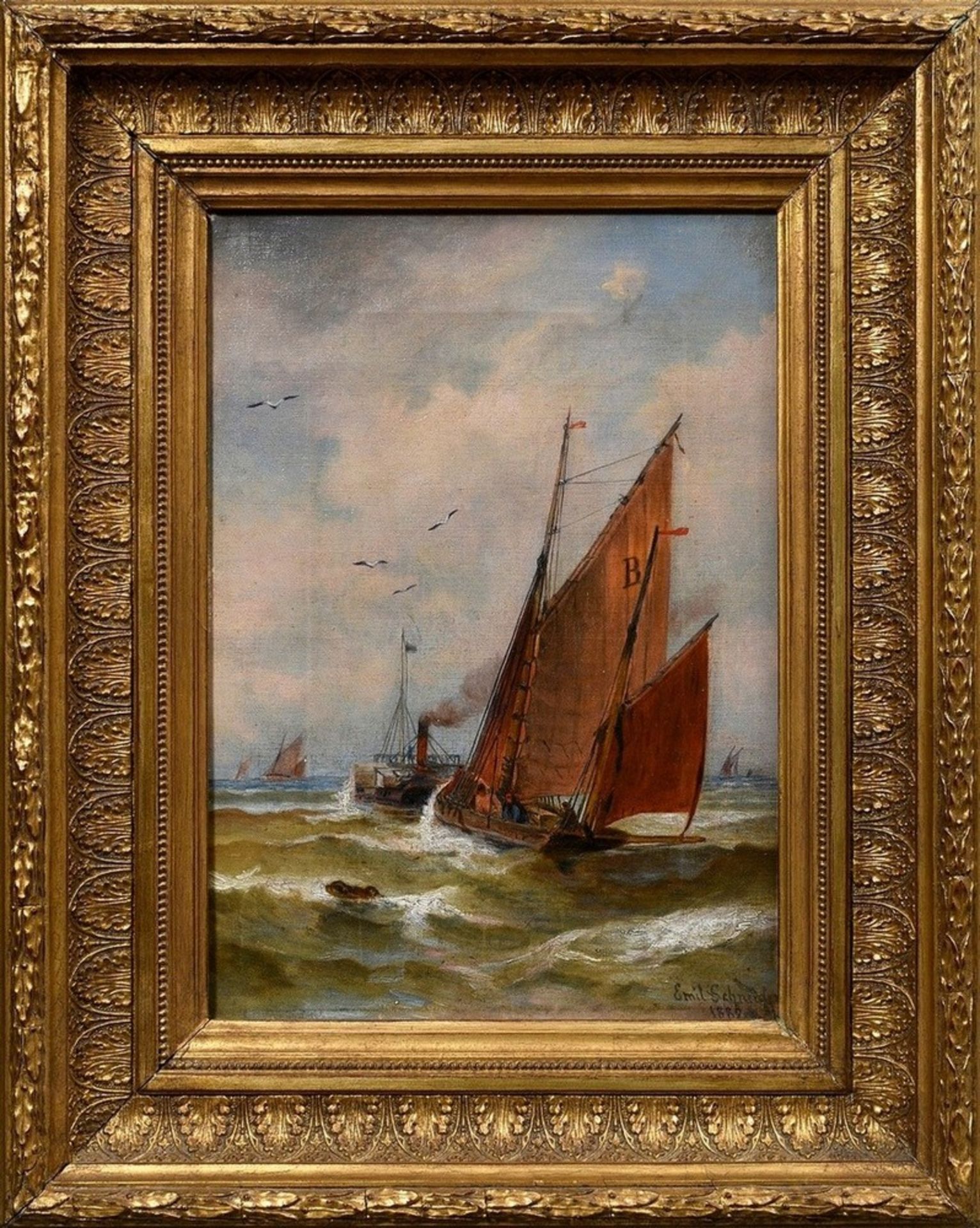 Schneider, Emil (19th c.) "Paddle steamer towing sailors" 1882 or 1889, oil/canvas, u.r. sign./dat. - Image 2 of 4