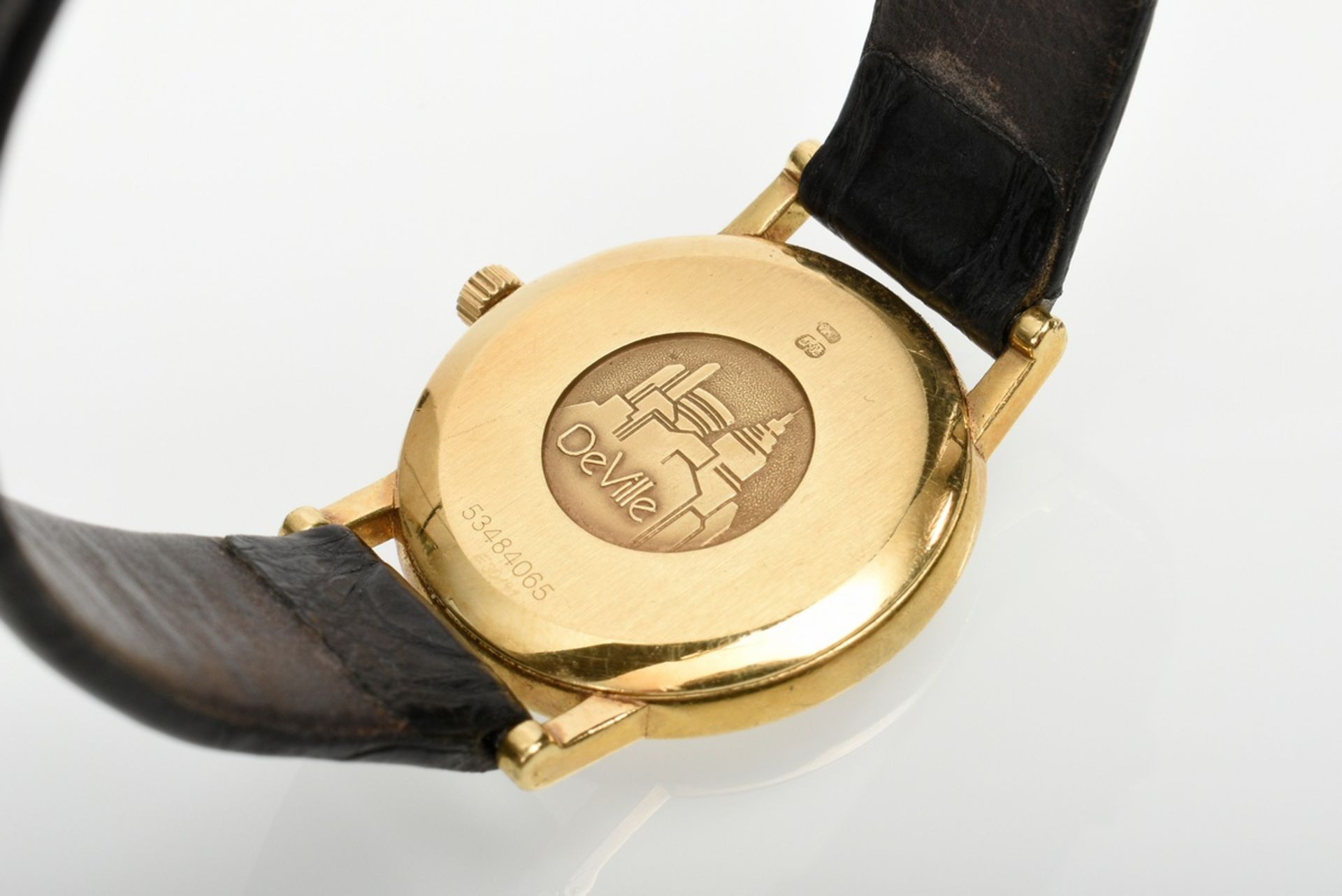 Omega "De Ville" Gelbgold 750 Armbanduhr, Quarzwerk, Stundenindizes, Datum, Lederarmband mit vergol - Bild 4 aus 4