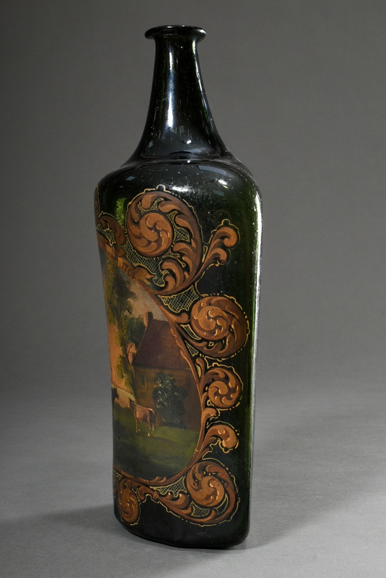 Large forest glass bottle with polychrome painting "Rural scene with cows" in ornamental cartouche  - Image 3 of 7