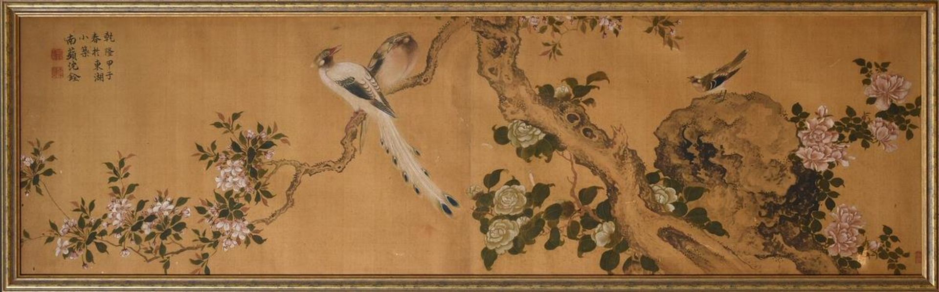 Chinesische Huaniaohua Malerei "Paradies Vögel und Blütenzweige", Gouache und Tusche auf Seide, im