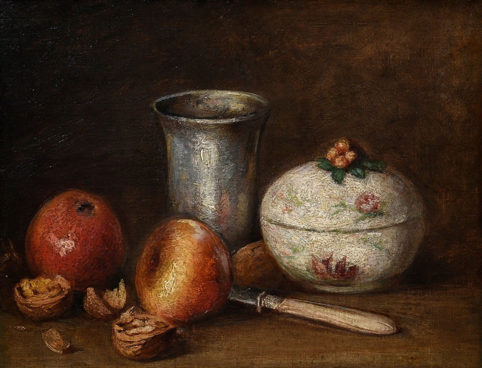 Dujardin, Edward (1817-1889) attributed "Fruit Still Life with Silver Cup and Porcelain Box", oil/c