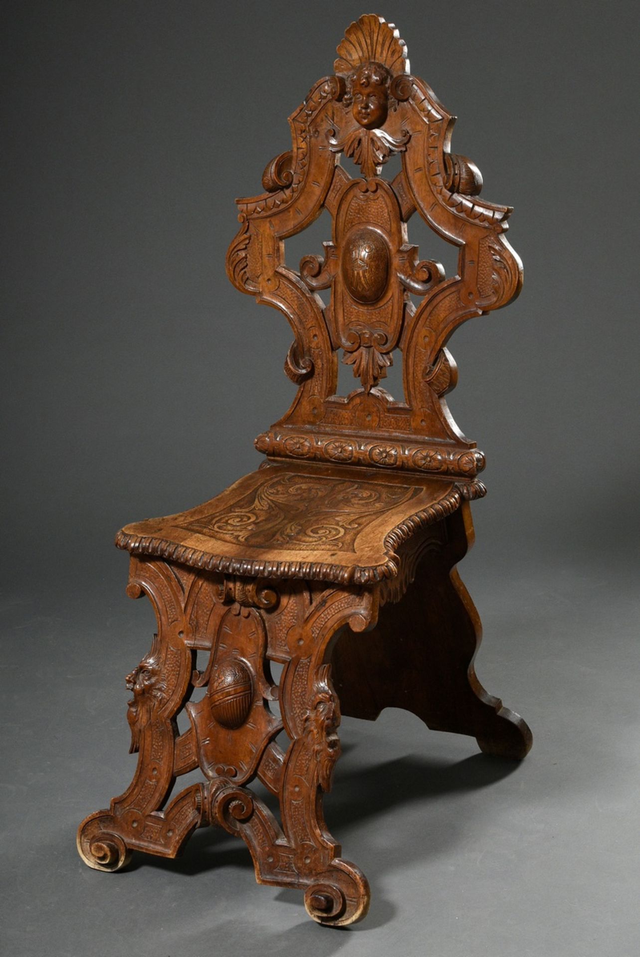 2 pieces Wilhelminian board chair and armchair with opulent carvings "grotesques and masks", h. 46/ - Image 2 of 12