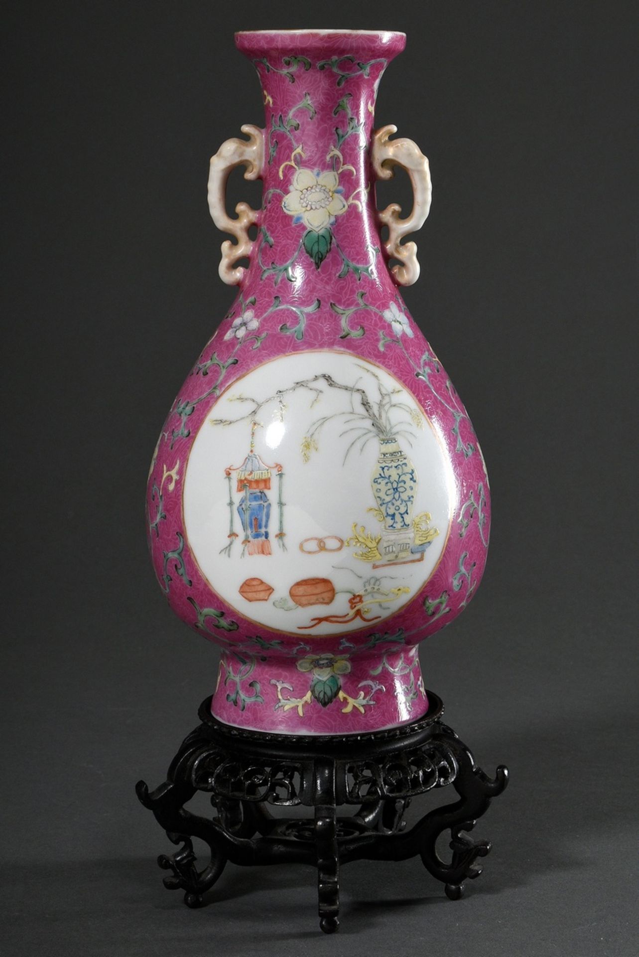 Baluster vase on a high stand ring with stylised elephant head handles and delicate enamel painting - Image 2 of 8