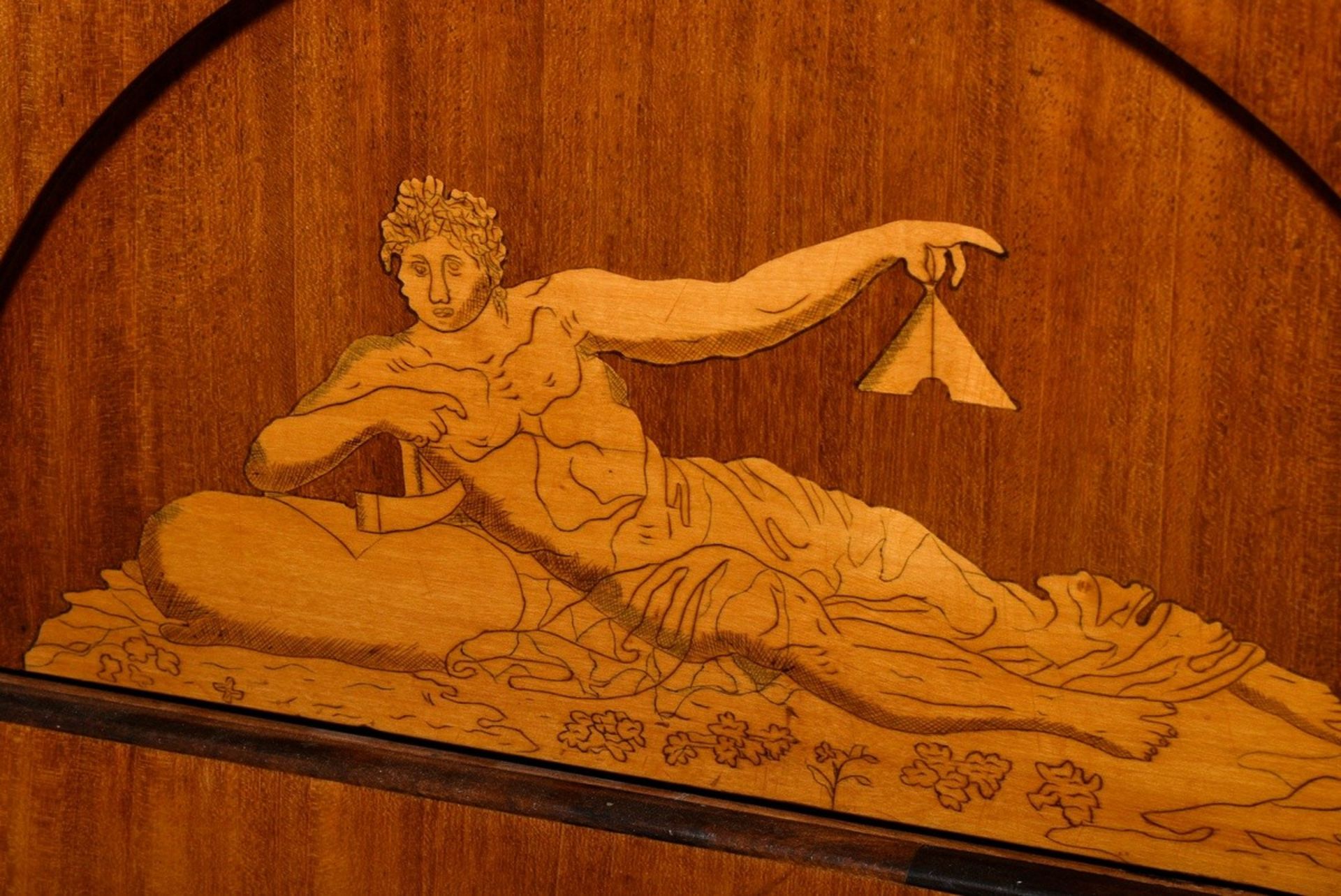 Danish Biedermeier chest of drawers with mythological inlay in segmental arch, upper drawer with mu - Image 4 of 8