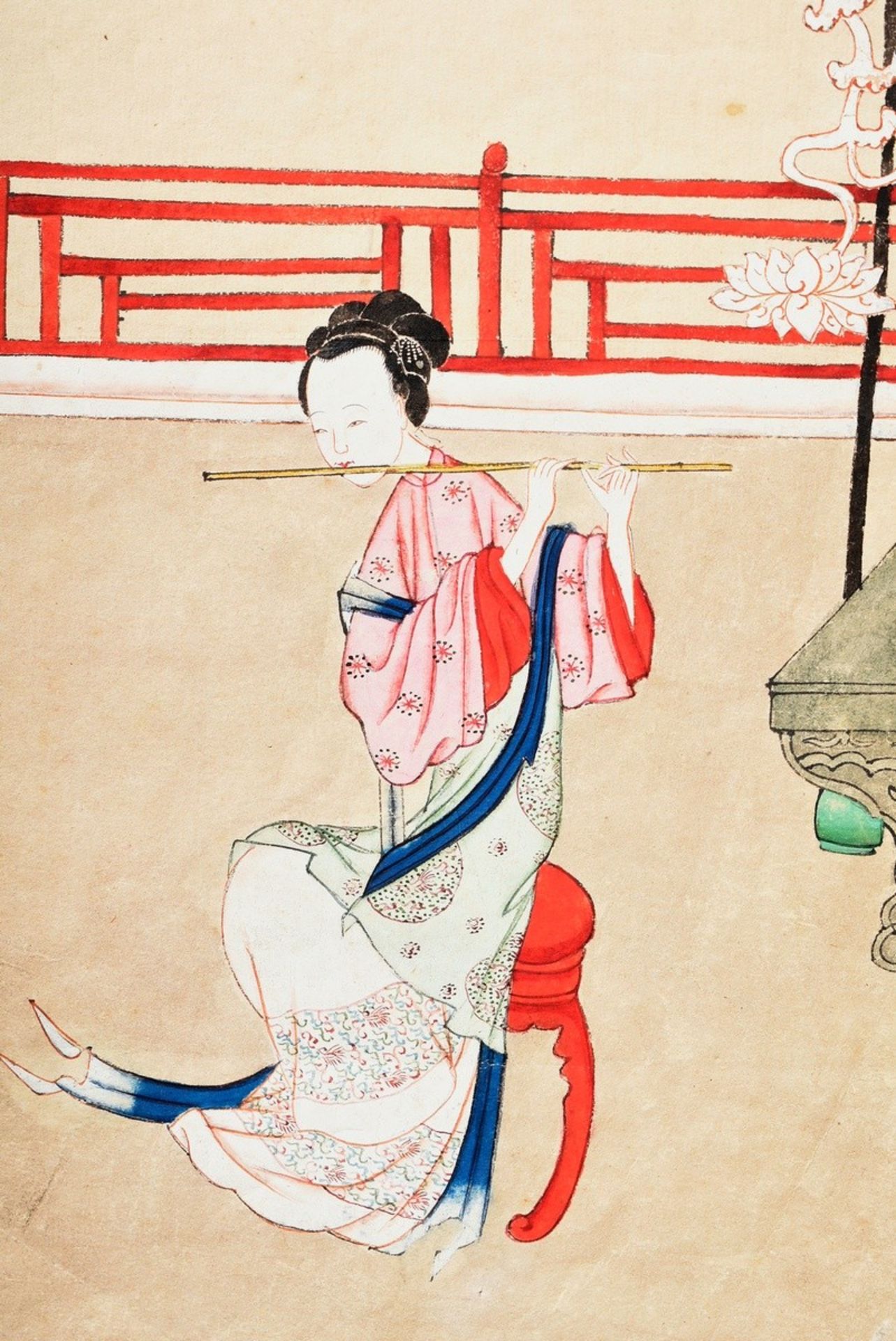 Ink and colour painting on paper "Flute playing court lady in interior", China Qing Dynasty, 29x35c - Image 2 of 3
