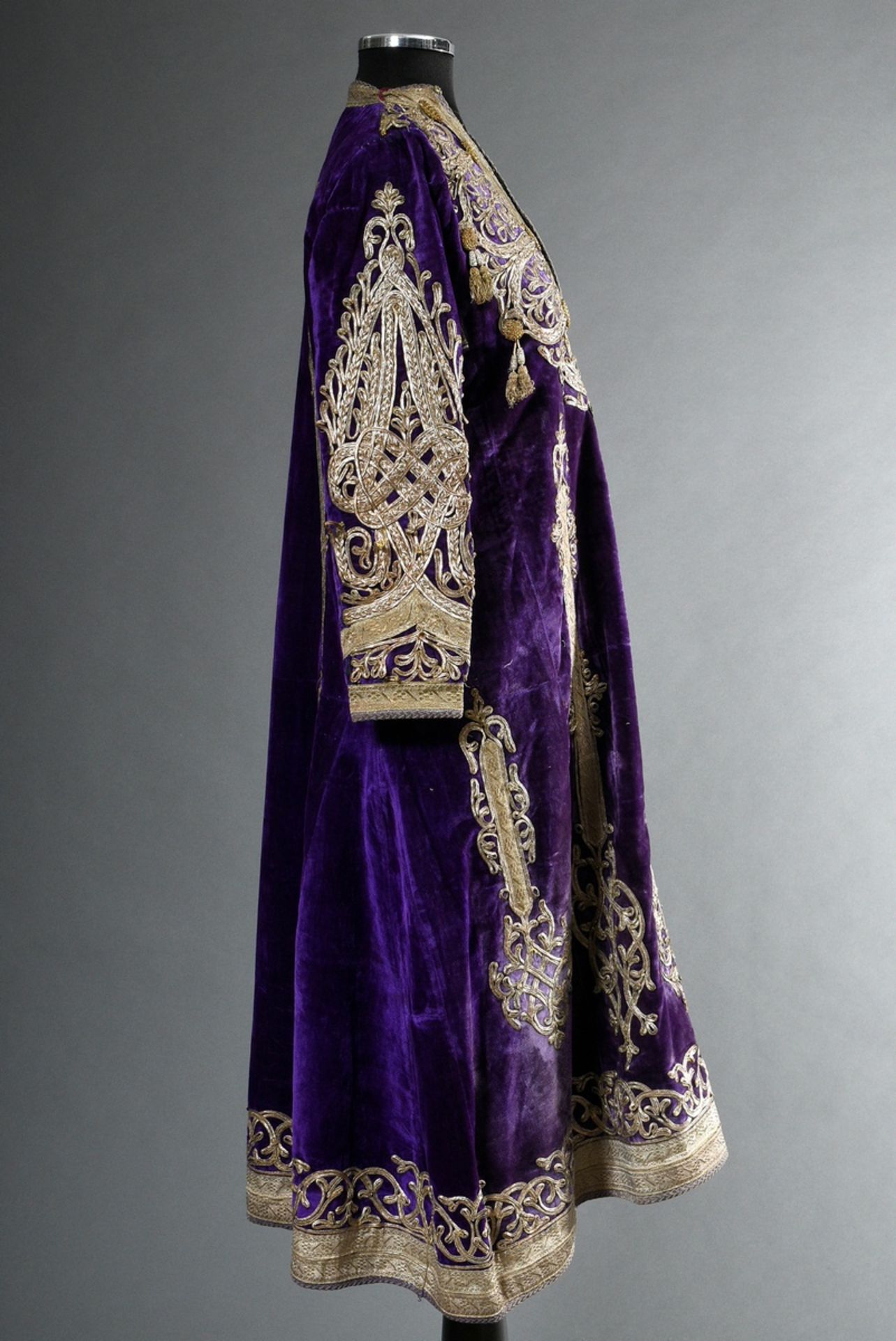 An Afghan wedding garment, purple silk velvet with rich silver thread and trimmings embroidery and  - Image 5 of 8