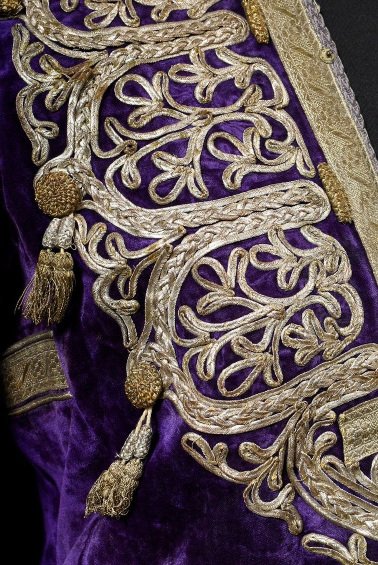 An Afghan wedding garment, purple silk velvet with rich silver thread and trimmings embroidery and  - Image 7 of 8