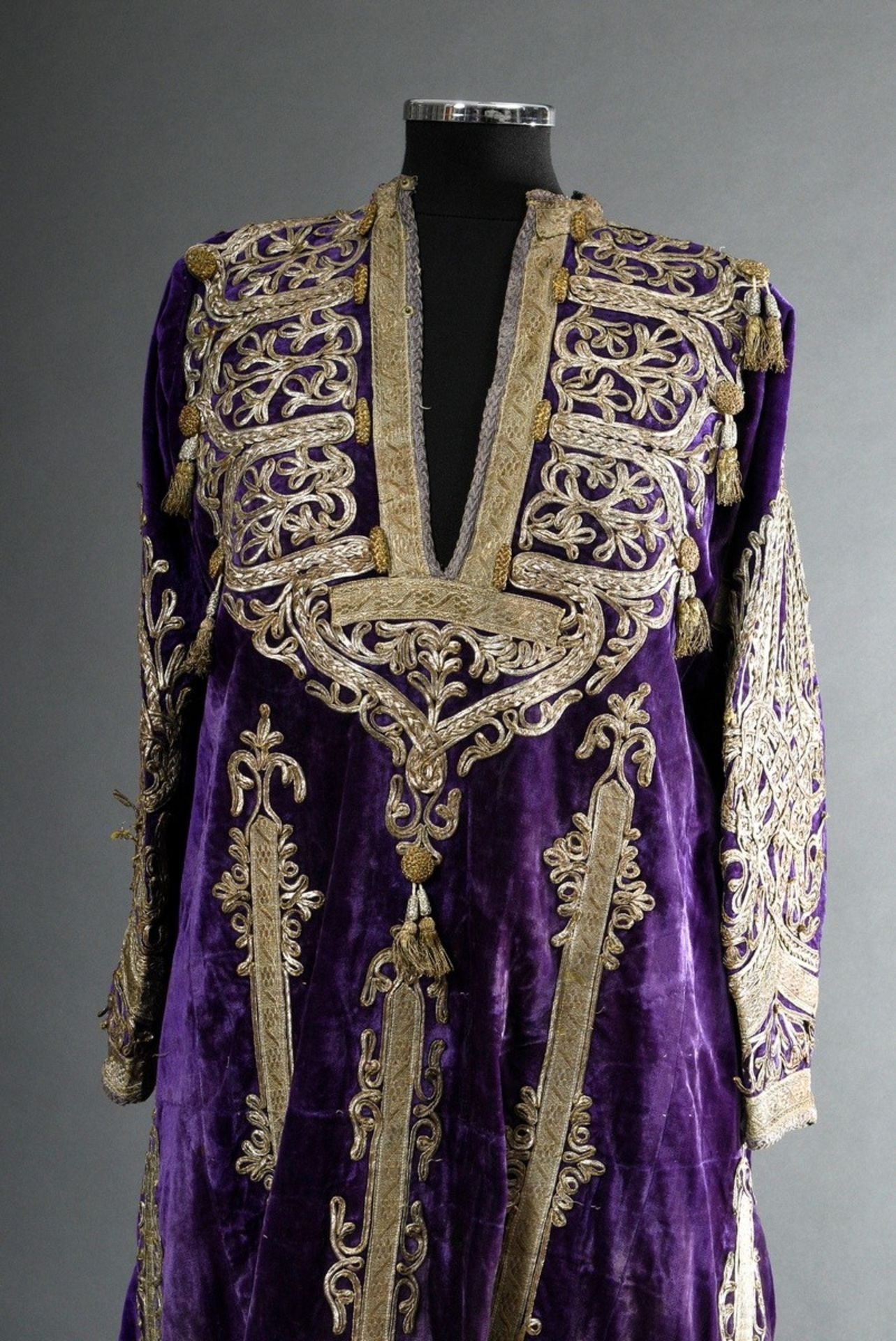 An Afghan wedding garment, purple silk velvet with rich silver thread and trimmings embroidery and  - Image 2 of 8