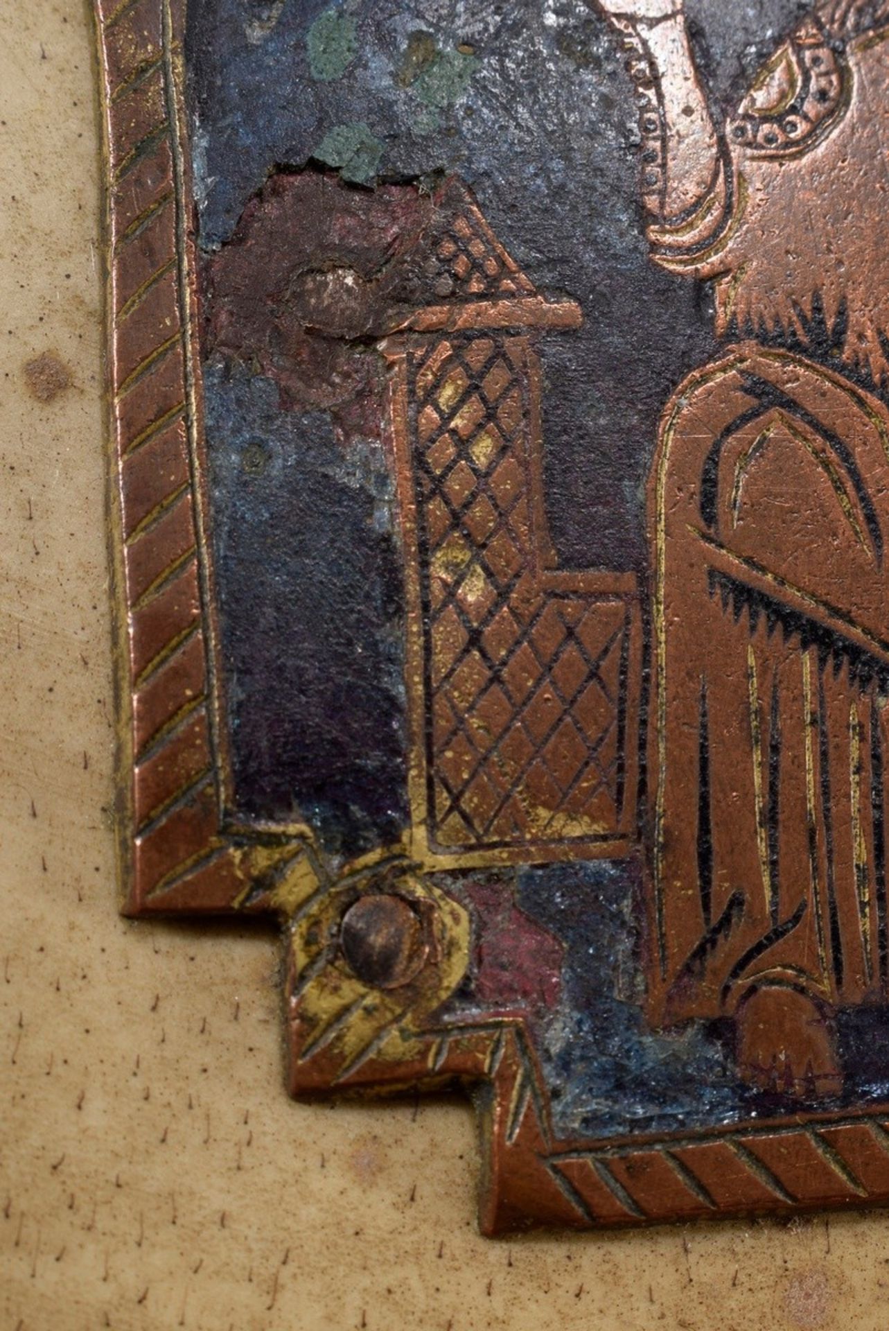 5 Teile Limoges Kruzifix Beschläge mit Champlevé Emaille und Resten von Vergoldung "Christus als We - Bild 9 aus 10
