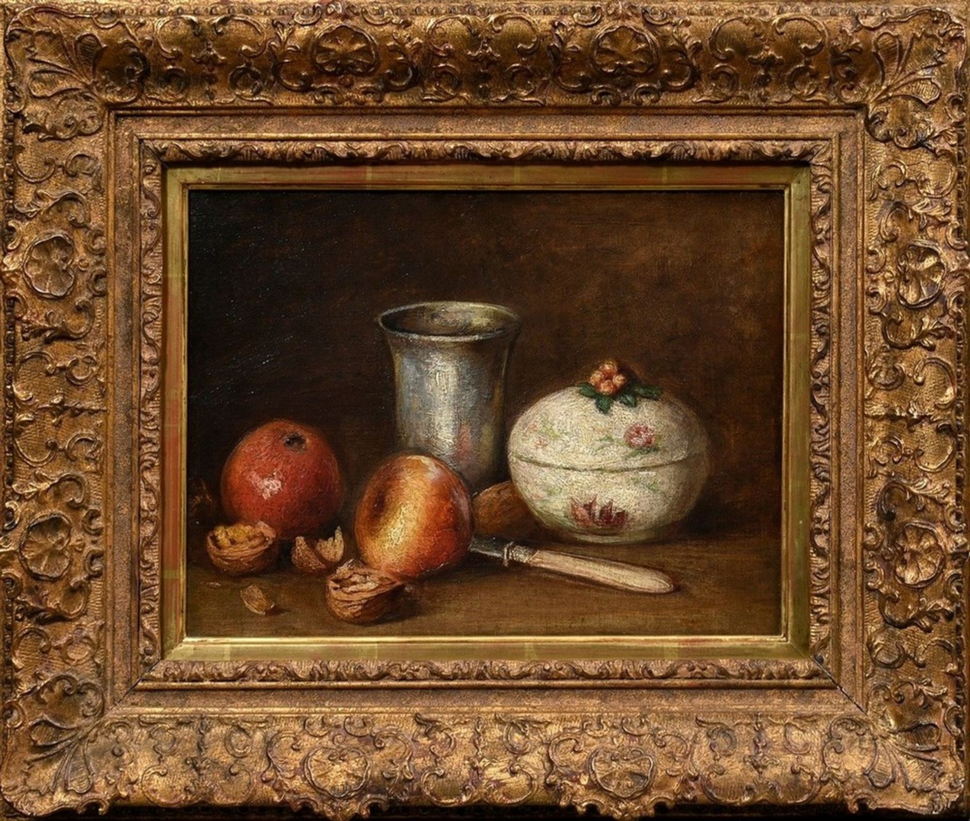 Dujardin, Edward (1817-1889) attributed "Fruit Still Life with Silver Cup and Porcelain Box", oil/c - Image 2 of 4