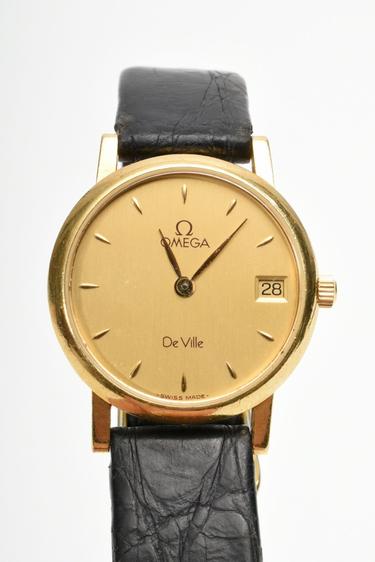 Omega "De Ville" Gelbgold 750 Armbanduhr, Quarzwerk, Stundenindizes, Datum, Lederarmband mit vergol - Bild 2 aus 4