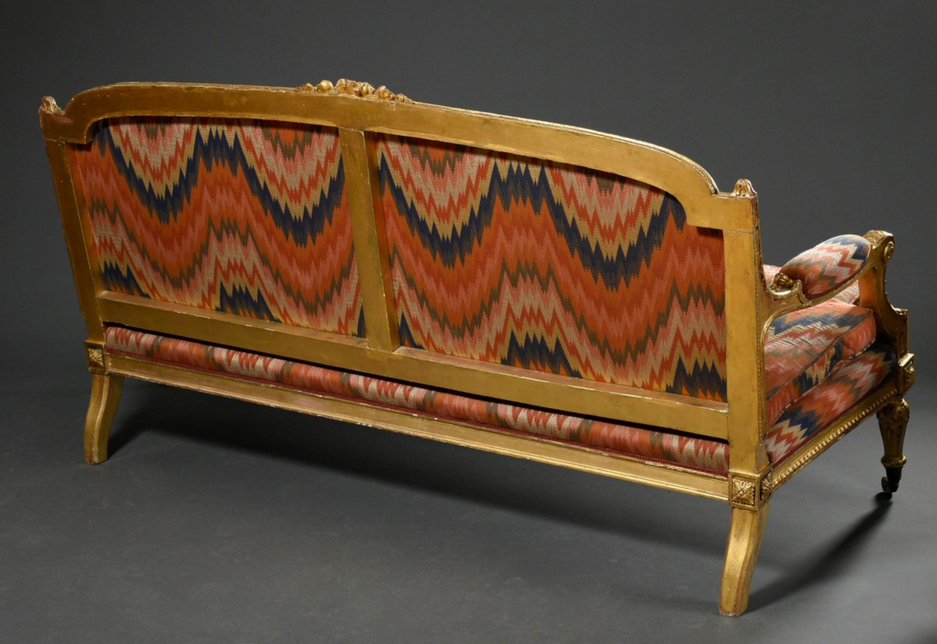 Louis XVI style sofa with leaf-gilded carved frame and opulent upholstery fabric in ikat look, arou - Image 6 of 6