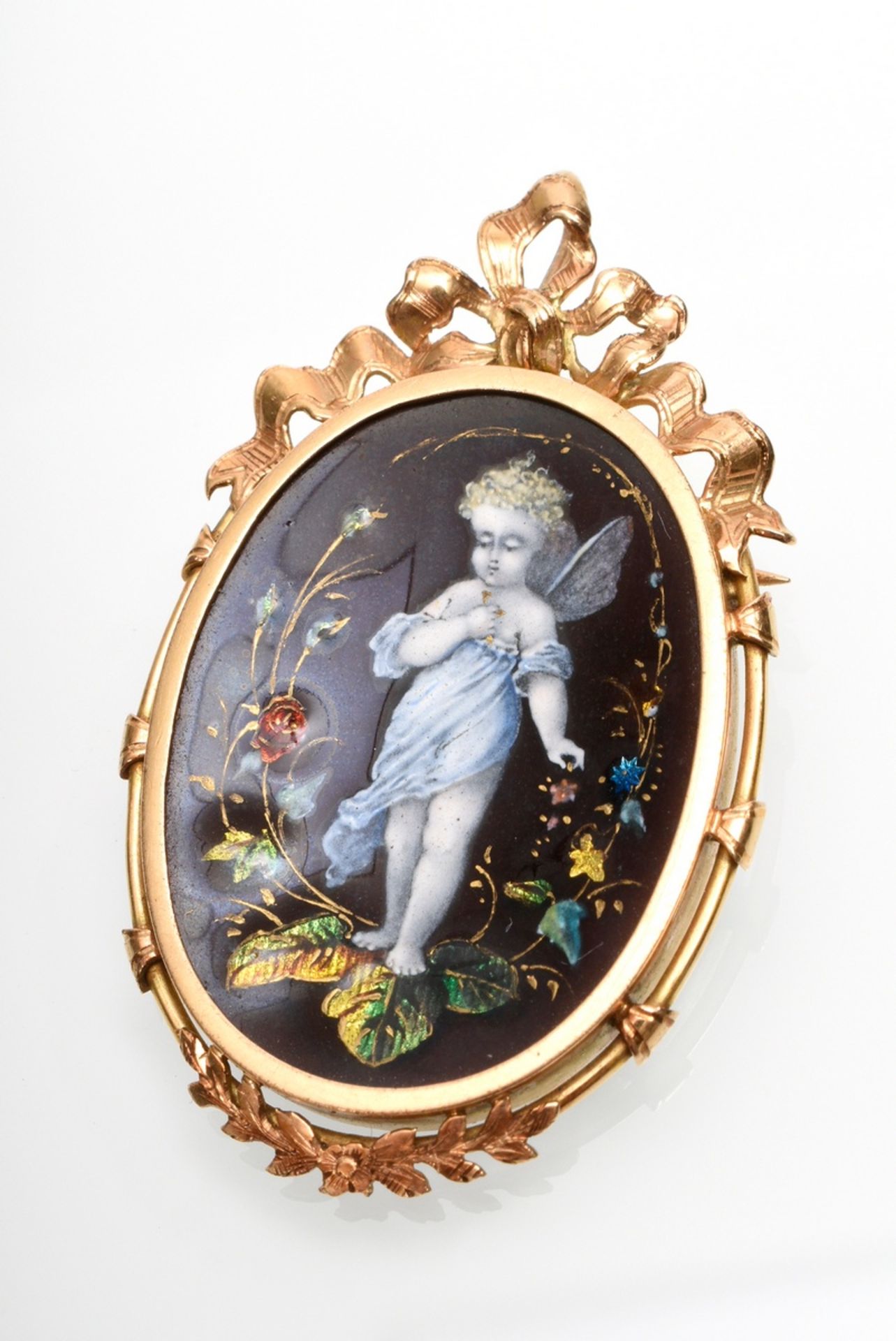 Delicate pink gold 585 pin pendant with fine enamel painting "Putto" on brown background, circa 189 - Image 2 of 3