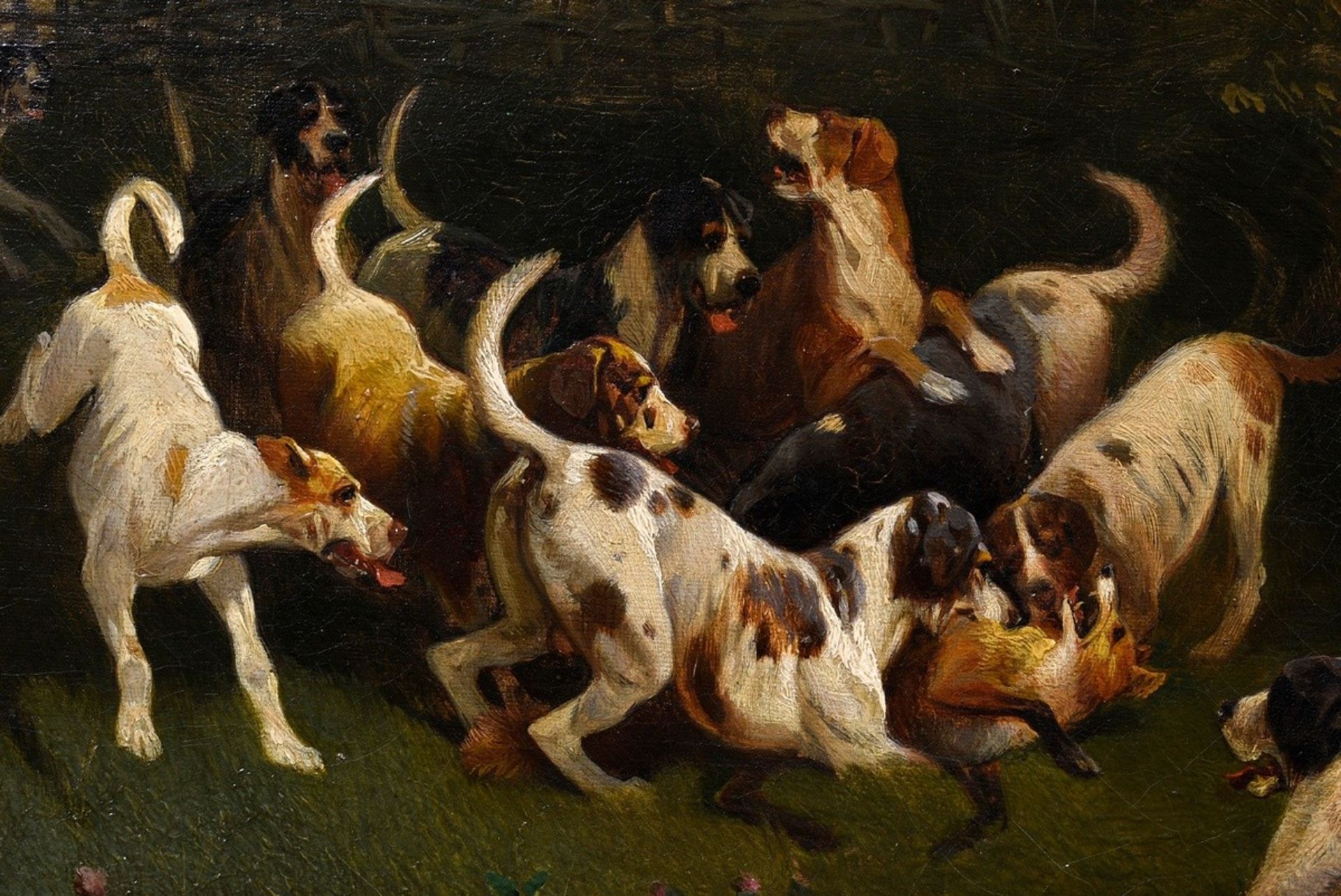 Unknown artist of the late 19th c. "Par force hunt rider and pack with fox", oil/canvas, 53,5x68,5c - Image 4 of 7