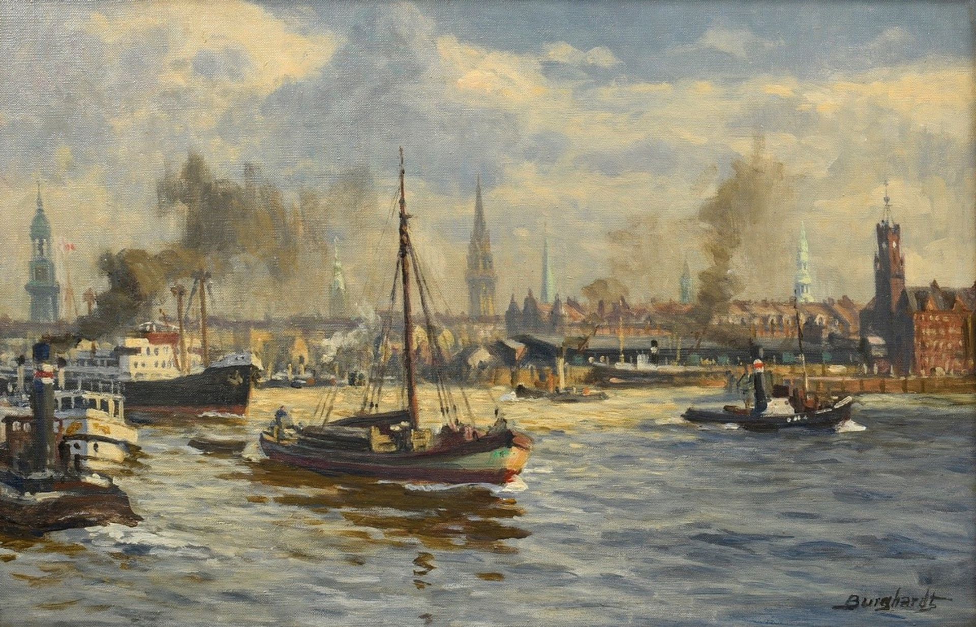 Burghardt, Gustav Paul (1875-1955) "Hamburg harbor with ship traffic and skyline", oil/canvas, b.r.
