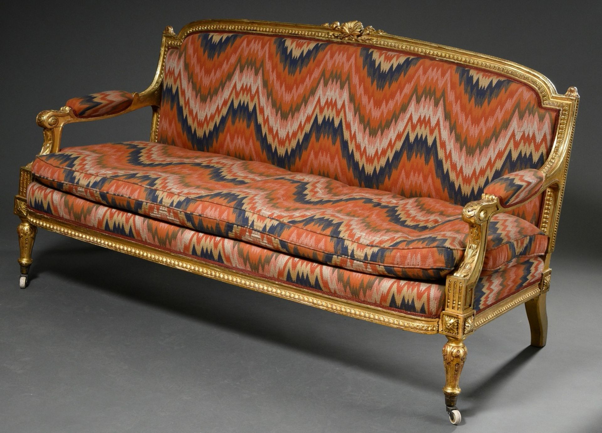 Louis XVI style sofa with leaf-gilded carved frame and opulent upholstery fabric in ikat look, arou - Image 2 of 6