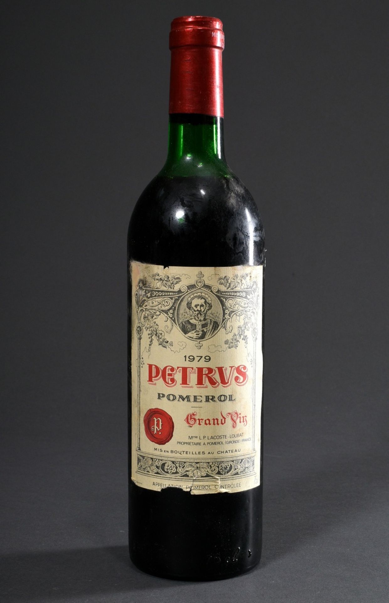 Bottle 1979 Bordeaux red wine "Petrus", Grand Vin, Pomerol, chateau proof, 0,75l, upper shoulder, l