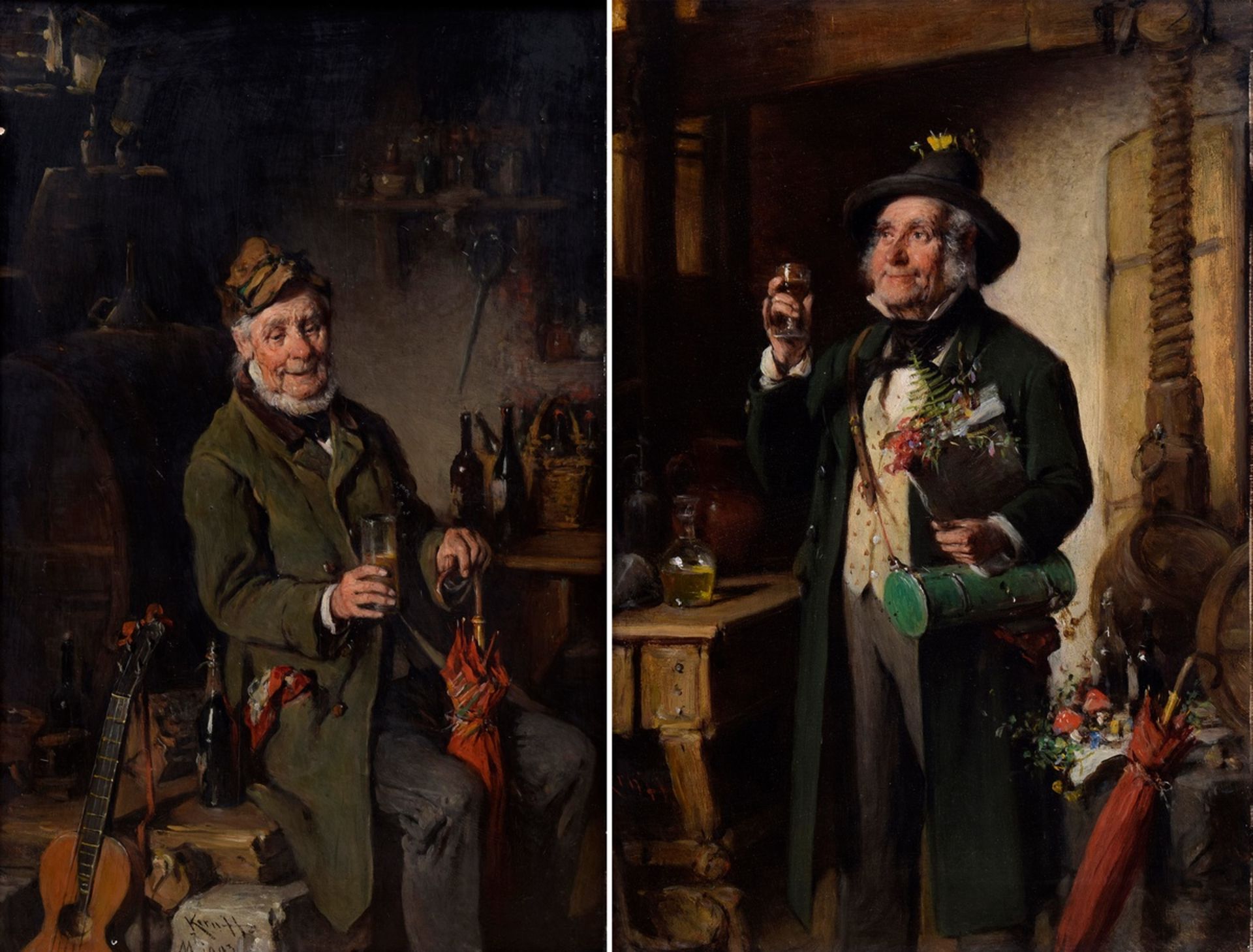 Pair of Kern, Hermann (1838-1912) "Drinking Musician" 1903 and "Toasting Botanist", oil/wood, each 