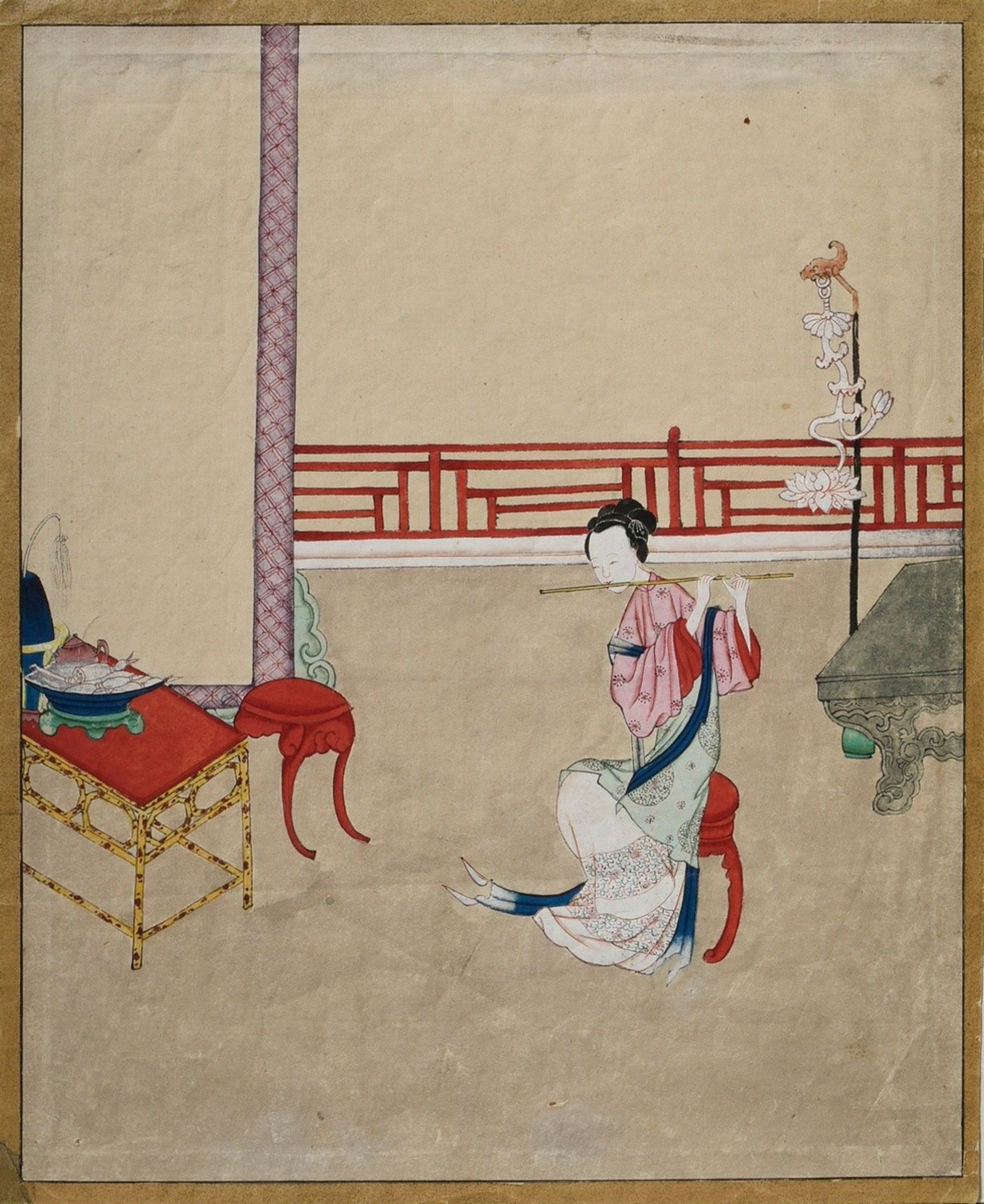 Ink and colour painting on paper "Flute playing court lady in interior", China Qing Dynasty, 29x35c