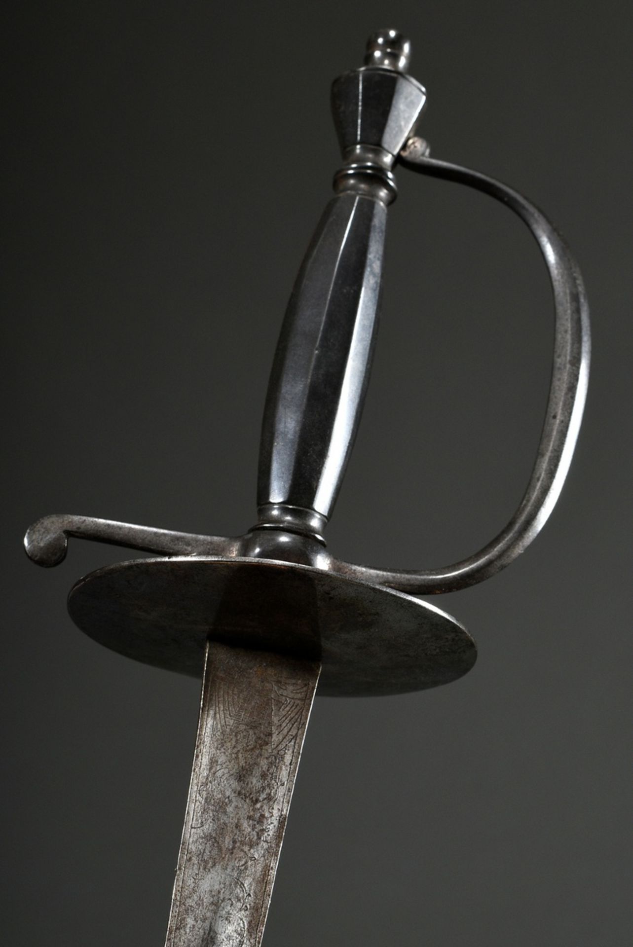Ornamental court sword with triangular blade engraved with ornaments and iron hilt, consisting of:  - Image 2 of 7