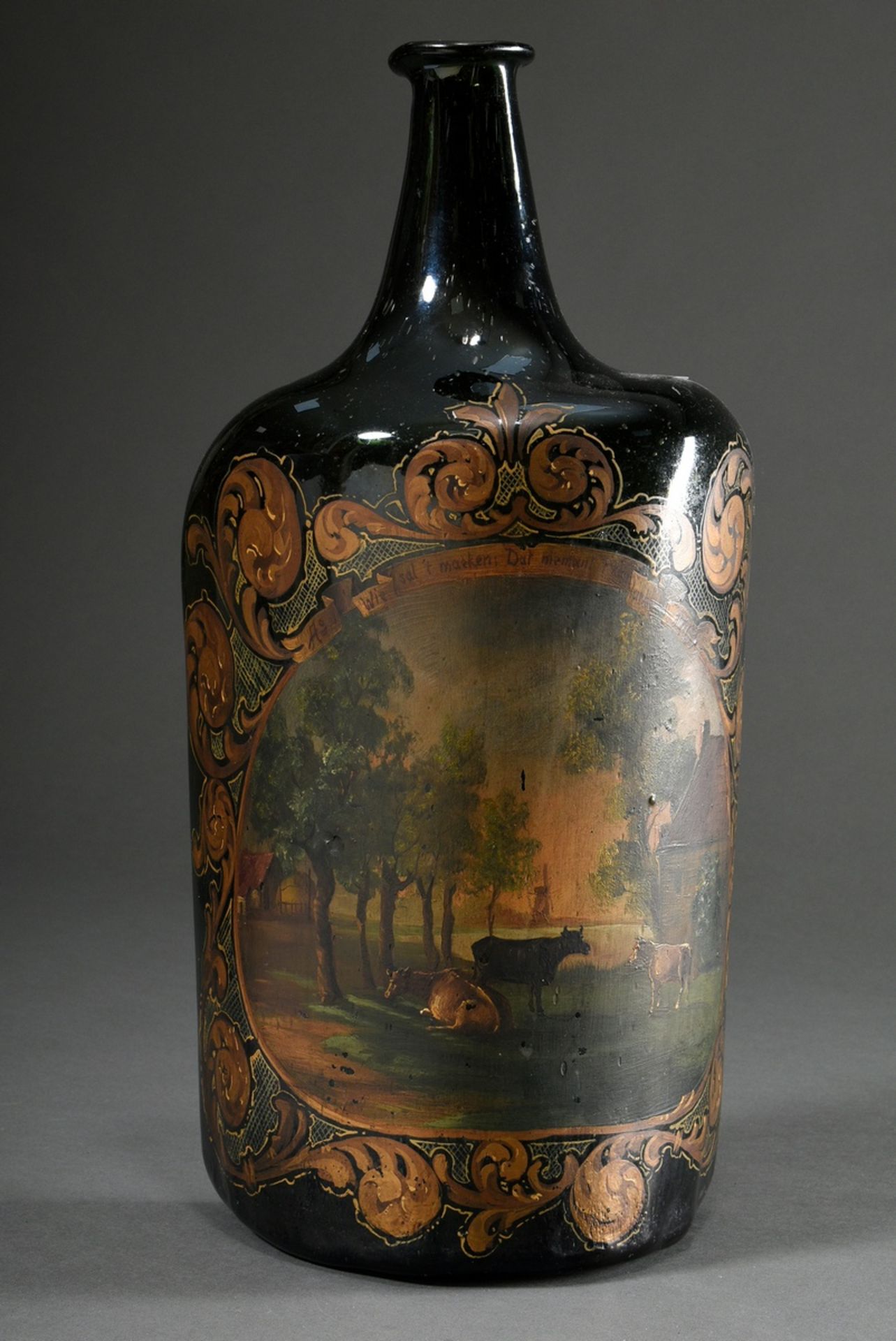 Large forest glass bottle with polychrome painting "Rural scene with cows" in ornamental cartouche 