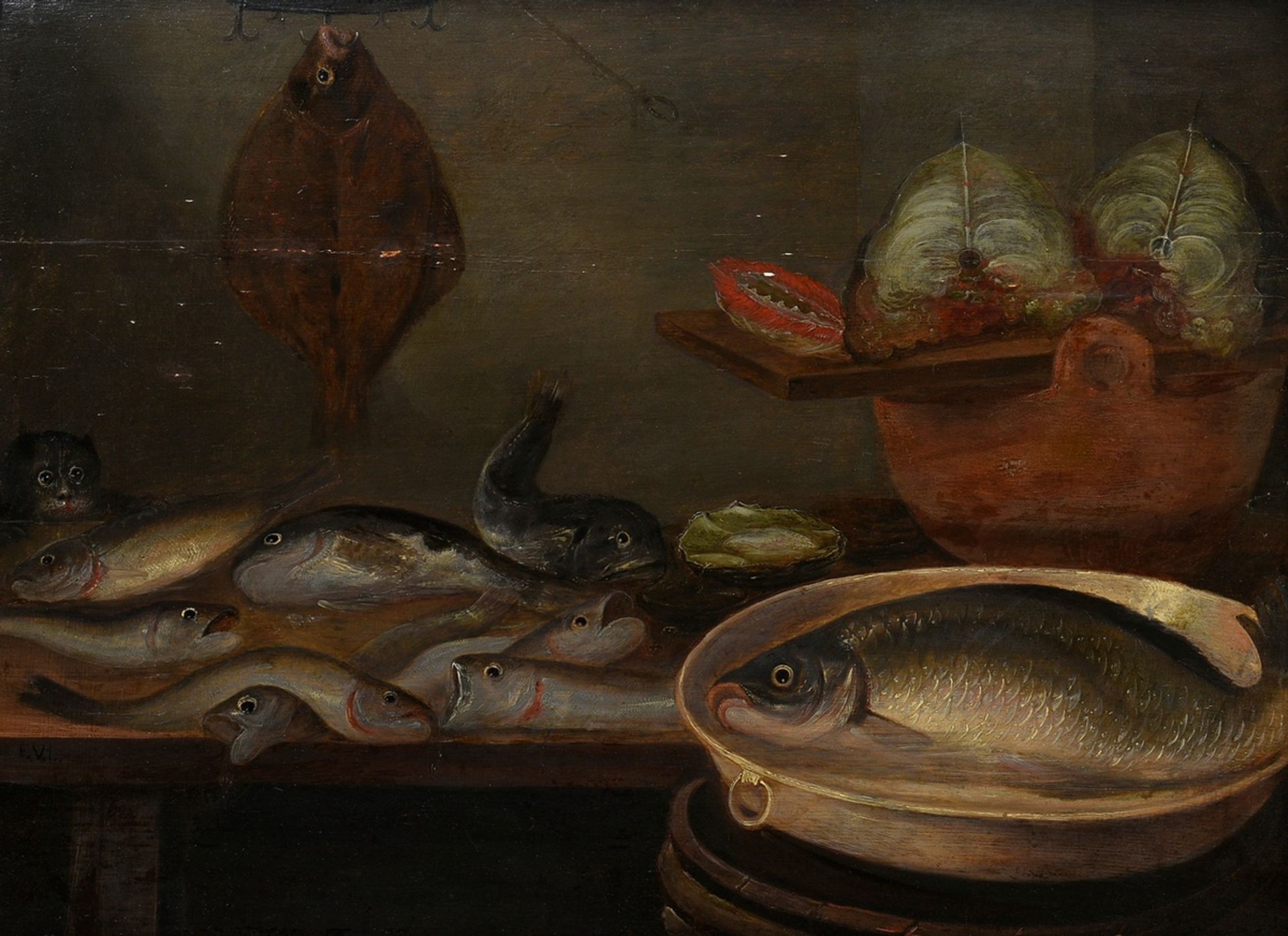 Monogramist F.V.L. (17th c.) "Fish Still Life with Cat", oil/wood, in the manner of Pieter van Bouc