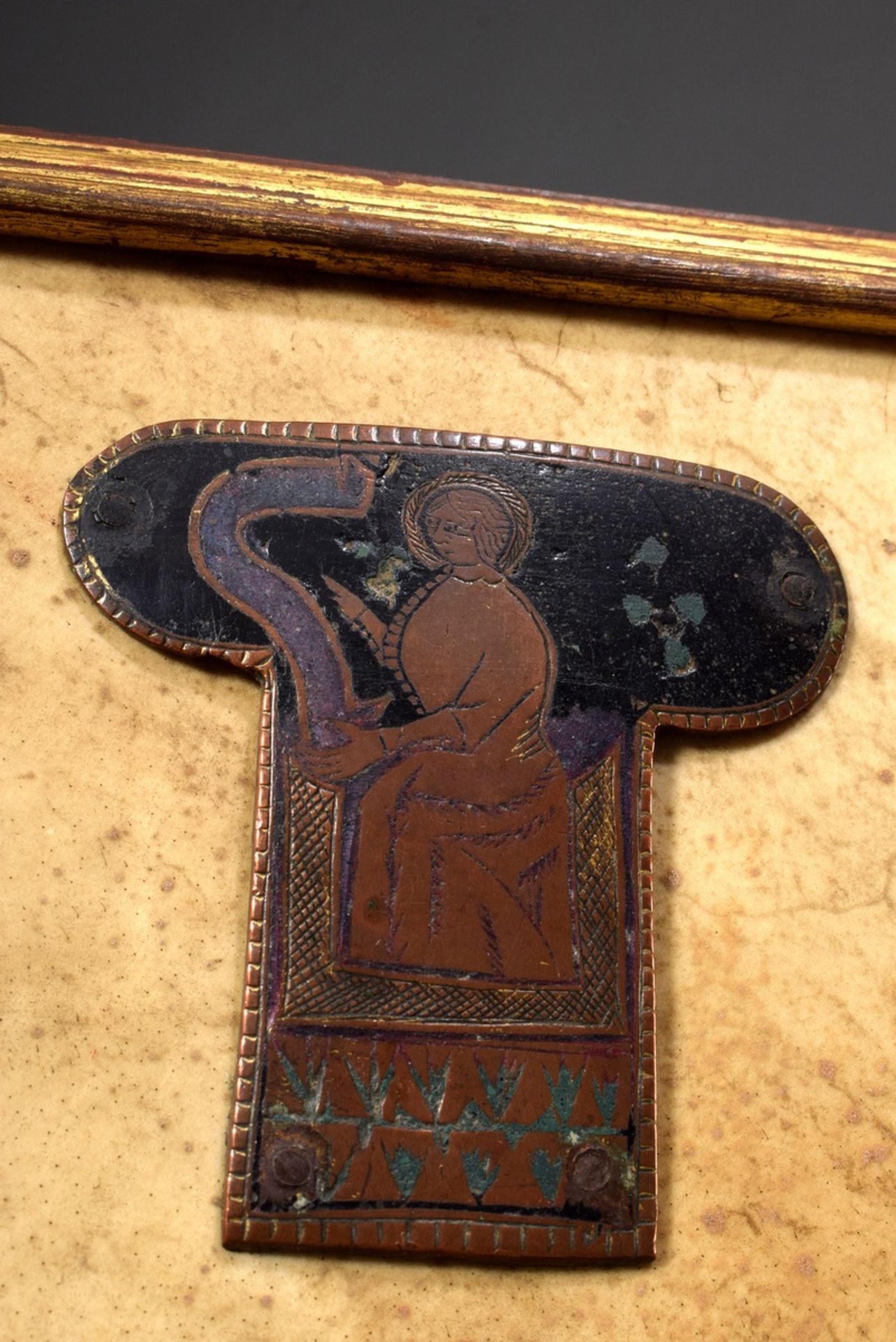 5 Teile Limoges Kruzifix Beschläge mit Champlevé Emaille und Resten von Vergoldung "Christus als We - Bild 2 aus 10