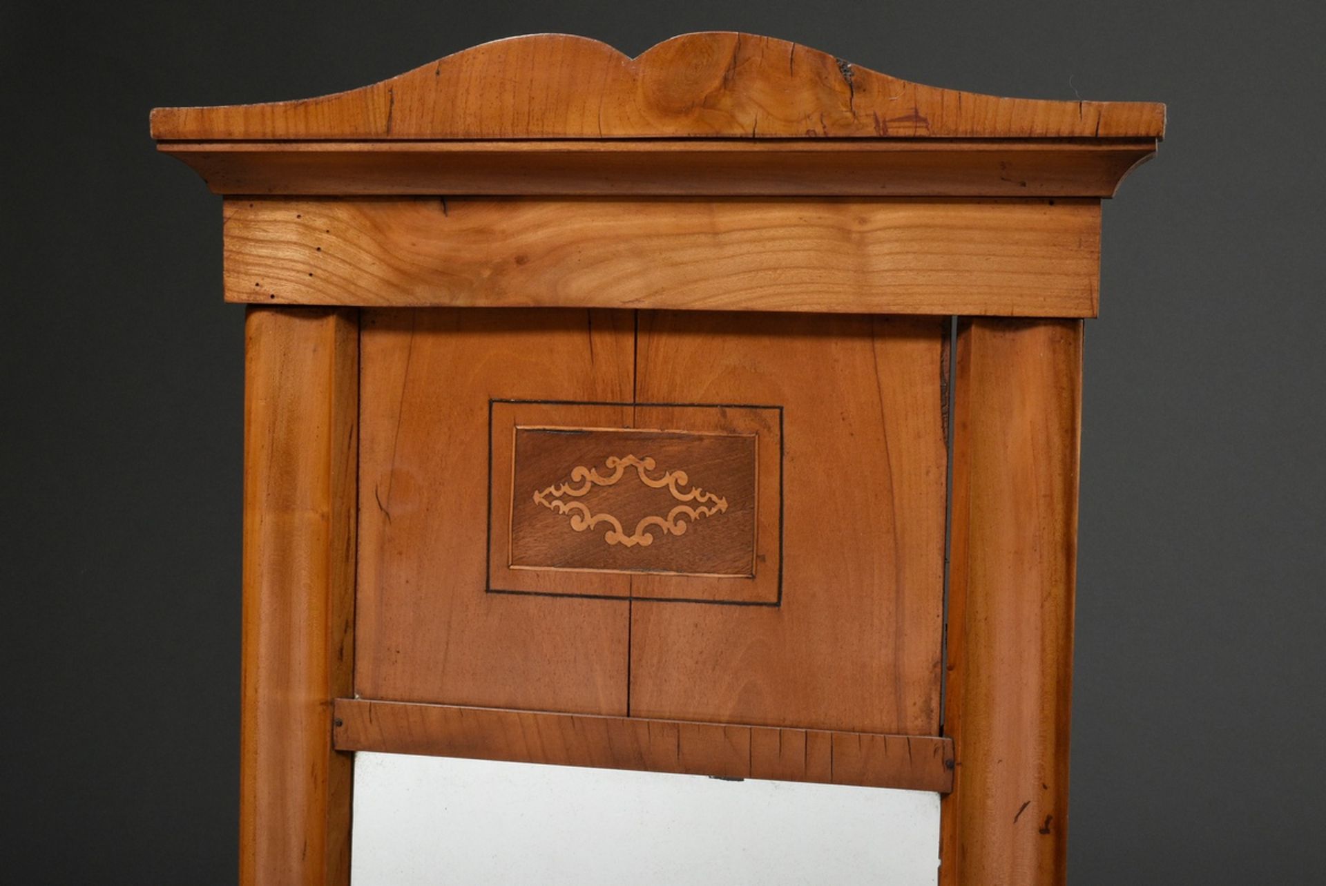 Small Biedermeier mirror with marquetry cartouche, fruitwood veneer, 98x42,5cm, signs of age and us - Image 2 of 4