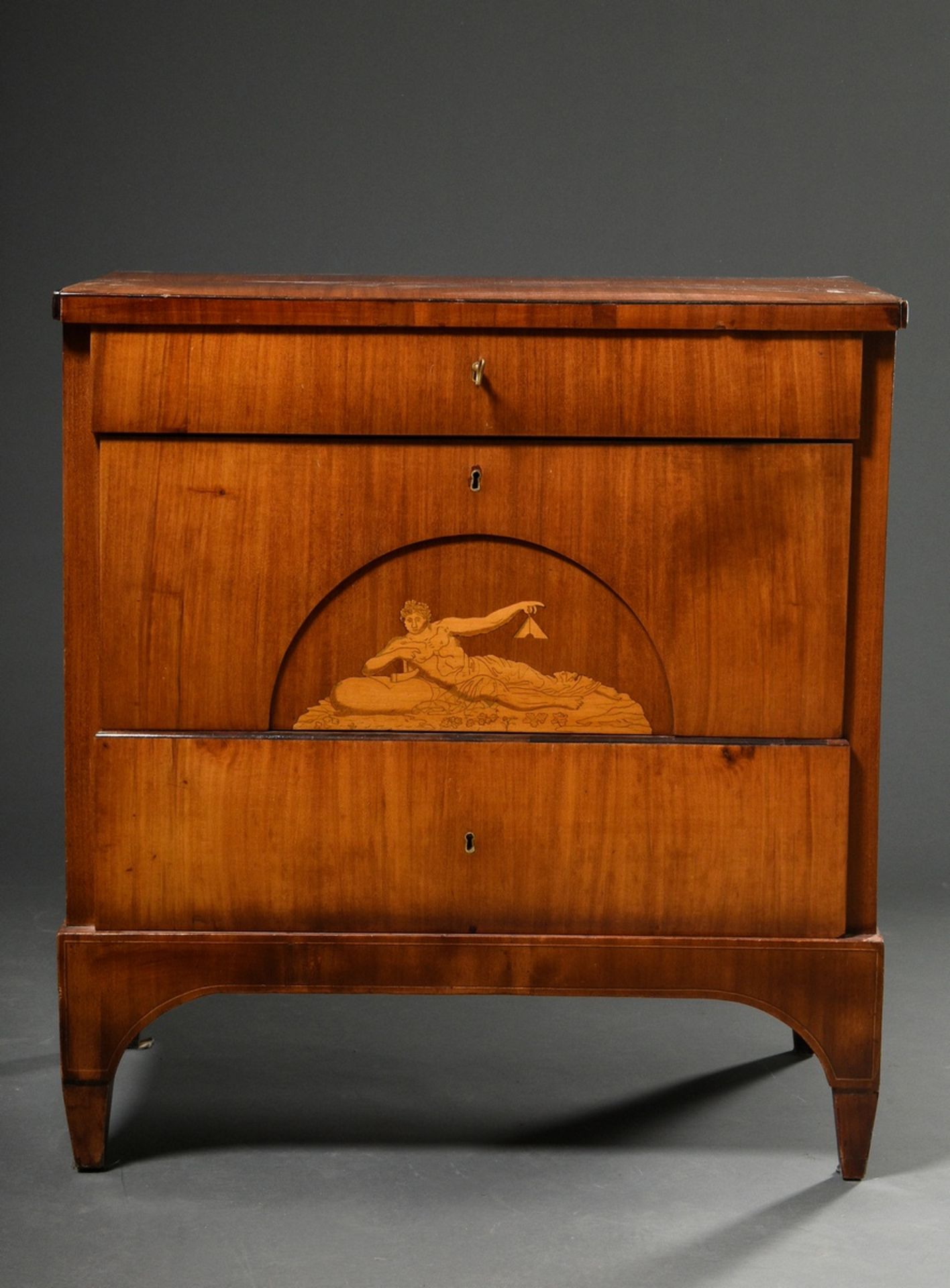 Danish Biedermeier chest of drawers with mythological inlay in segmental arch, upper drawer with mu - Image 2 of 8