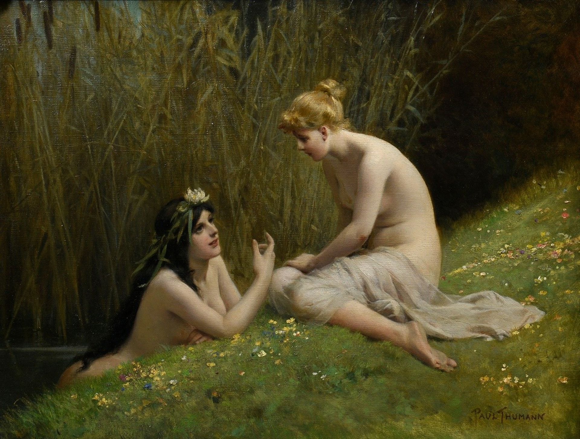 Thumann, Paul (1834-1908) "Water Nymph and Elf in Conversation" c. 1870, oil/canvas, l.r. sign., in - Image 2 of 12