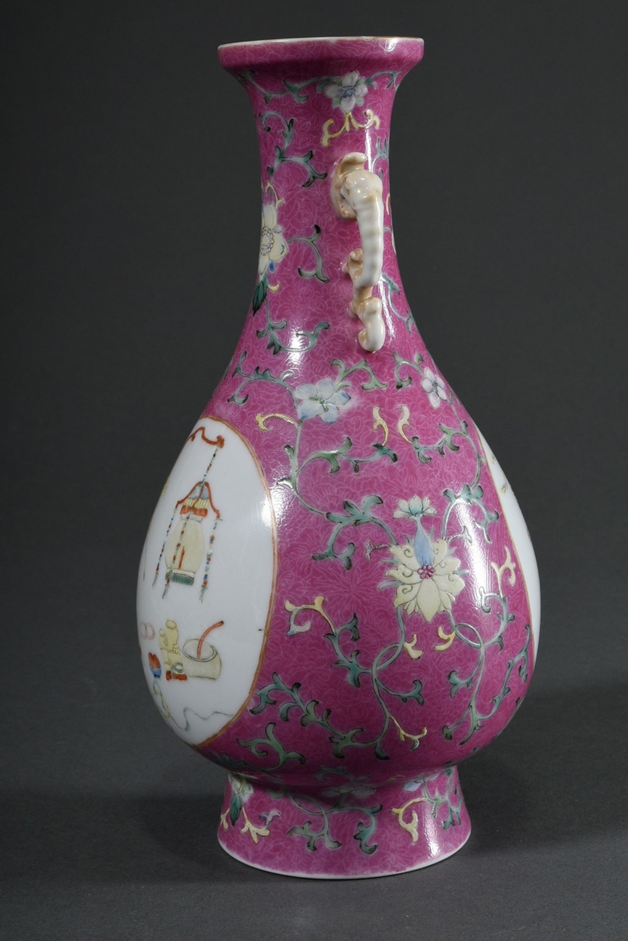 Baluster vase on a high stand ring with stylised elephant head handles and delicate enamel painting - Image 5 of 8