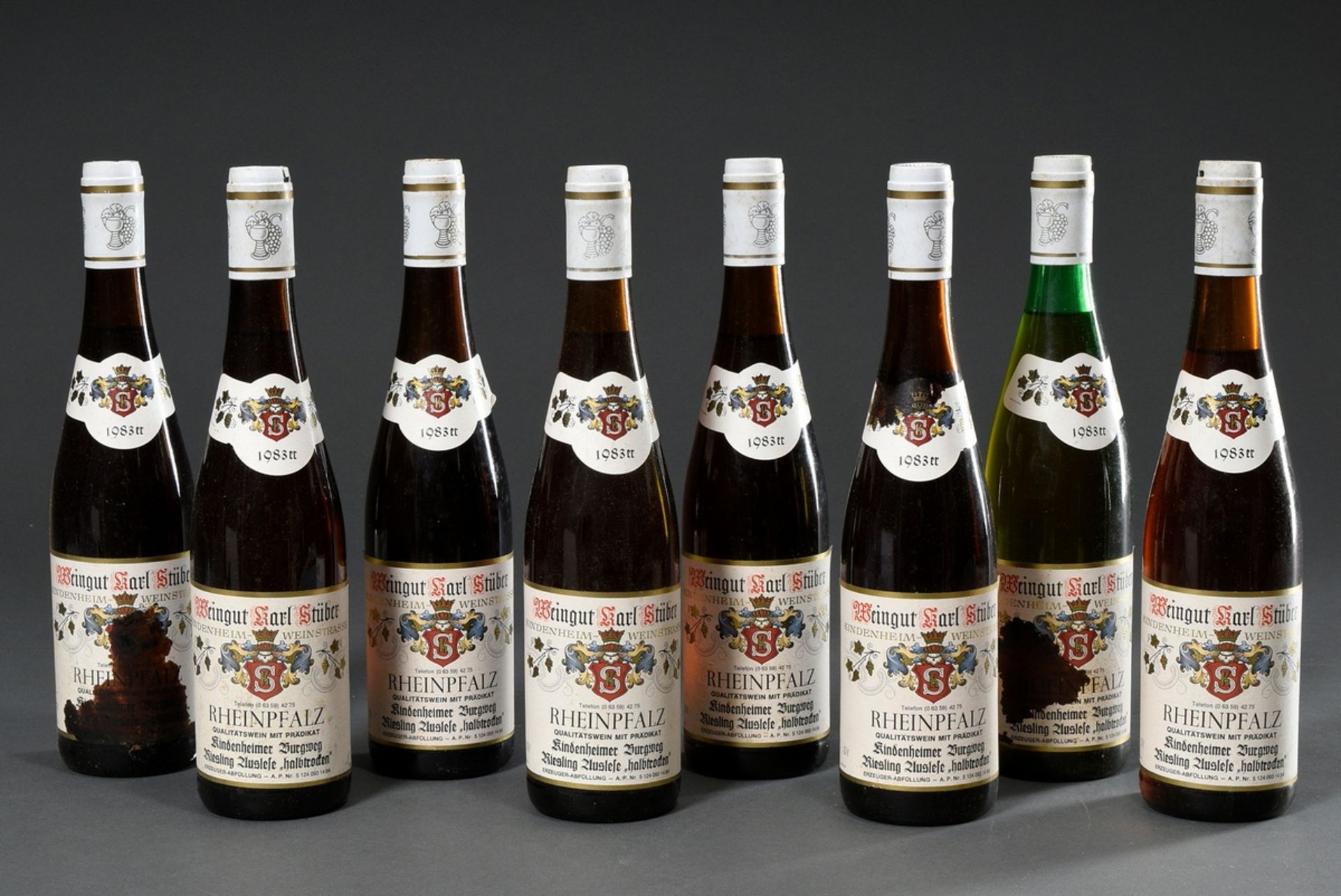 8 bottles 1983 white wine "Riesling Auslese", semi-dry, Winery Karl Stüber, Kindenheim Weinstrasse,