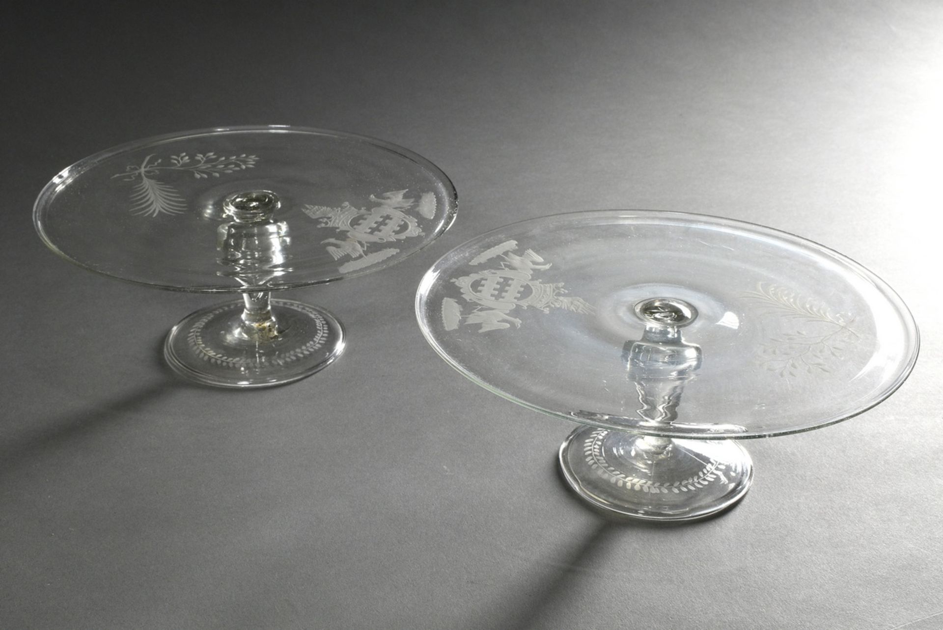 Pair of antique glass tazzes on a hollow blown baluster with fine engraved decoration "noble coat o - Image 2 of 4