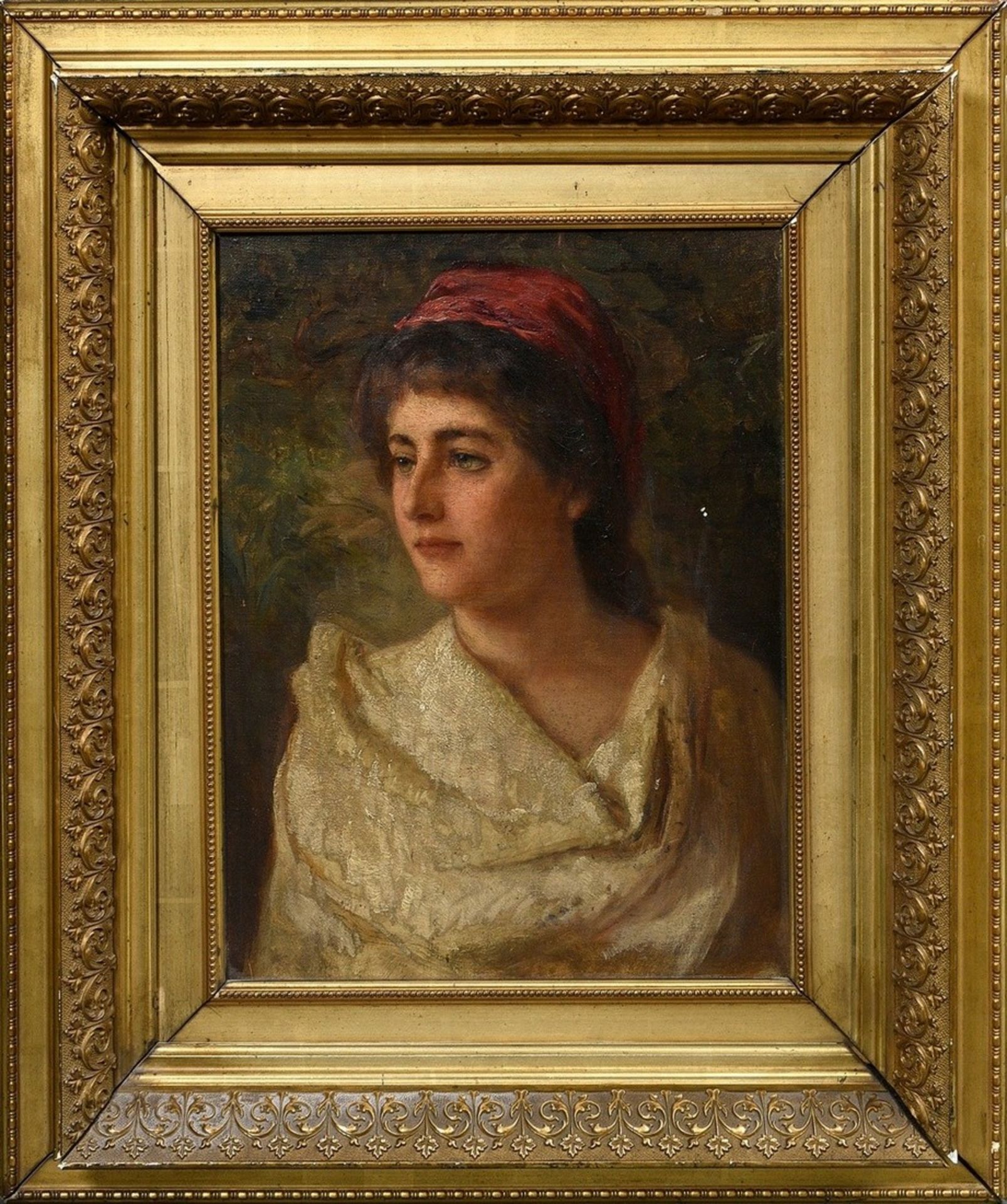 Unknown artist c. 1890 "Young woman with red headscarf", oil/canvas mounted on cardboard, magnifice - Image 2 of 5