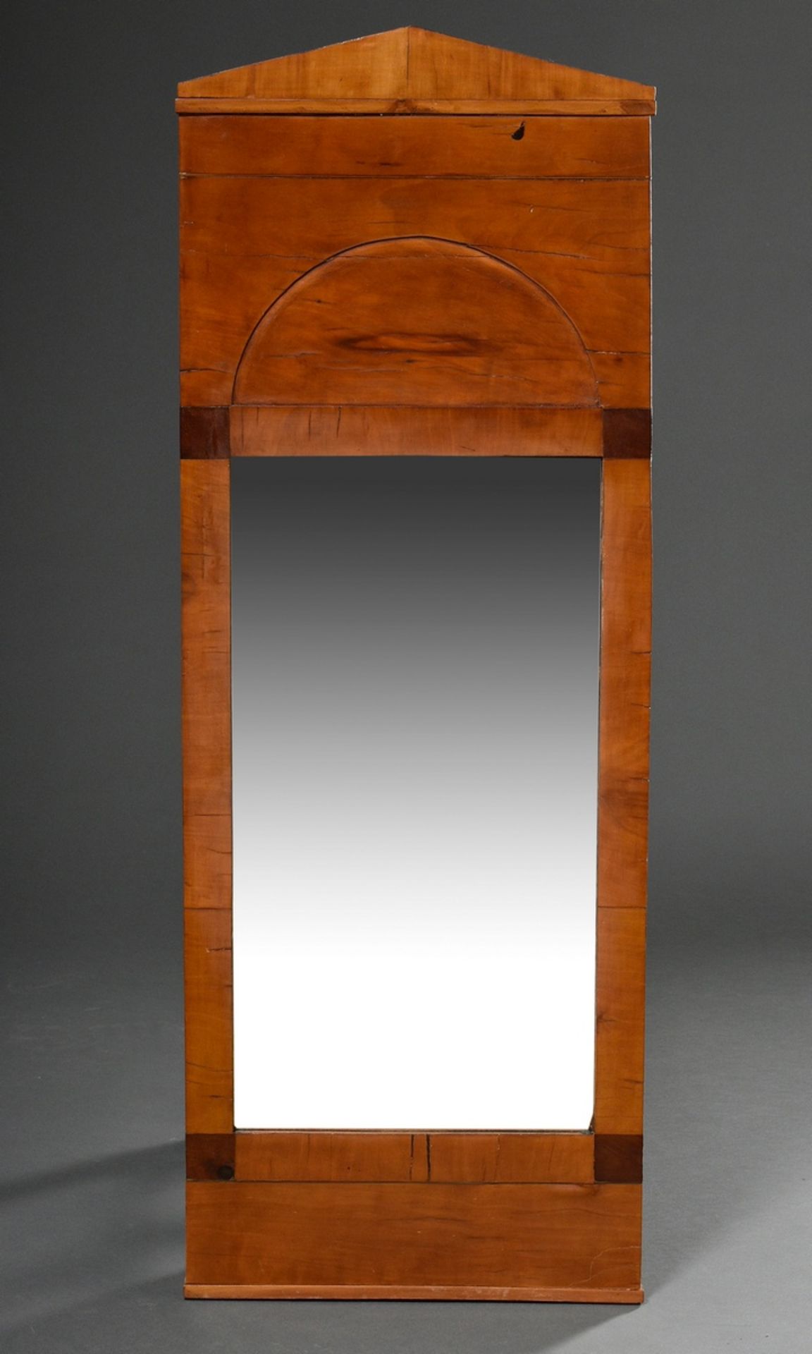 Biedermeier console mirror in simple façon with pointed gable, fruitwood, 19th century, 103x38cm, s