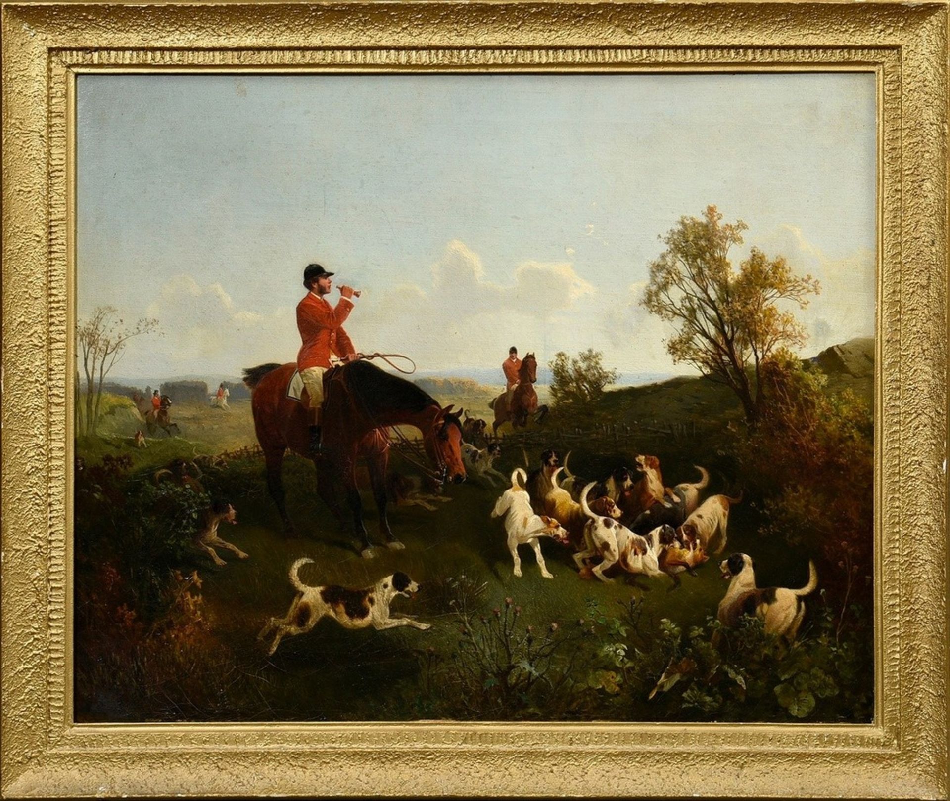 Unknown artist of the late 19th c. "Par force hunt rider and pack with fox", oil/canvas, 53,5x68,5c - Image 2 of 7