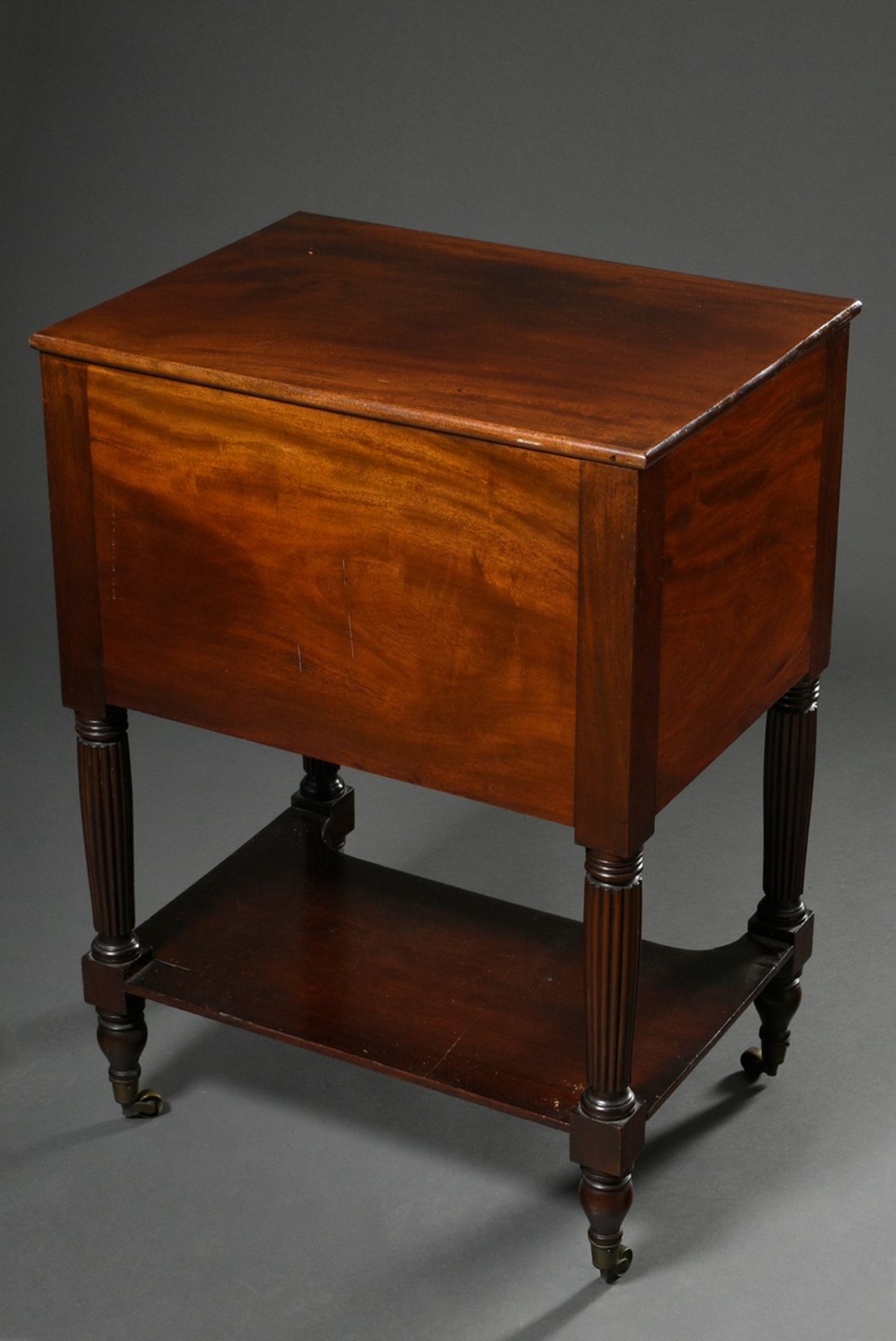 Three-bay occasional furniture on fluted legs with pull-out writing drawer and punched leather top, - Image 6 of 6